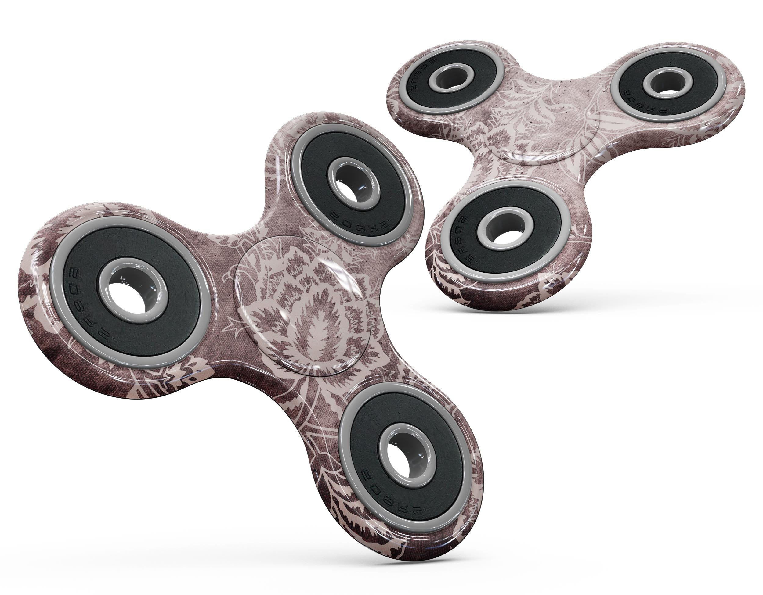 Antique Marron Floral Damask Pattern Skin-Kit for fidget spinner, showcasing intricate floral designs on a durable vinyl material.