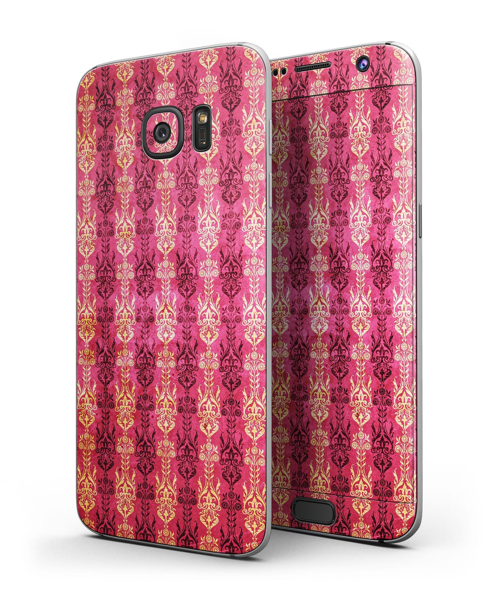 Antique Pink and Yellow Damask Pattern skin-kit for Samsung Galaxy S7 and S7 Edge, showcasing vibrant colors and intricate design.