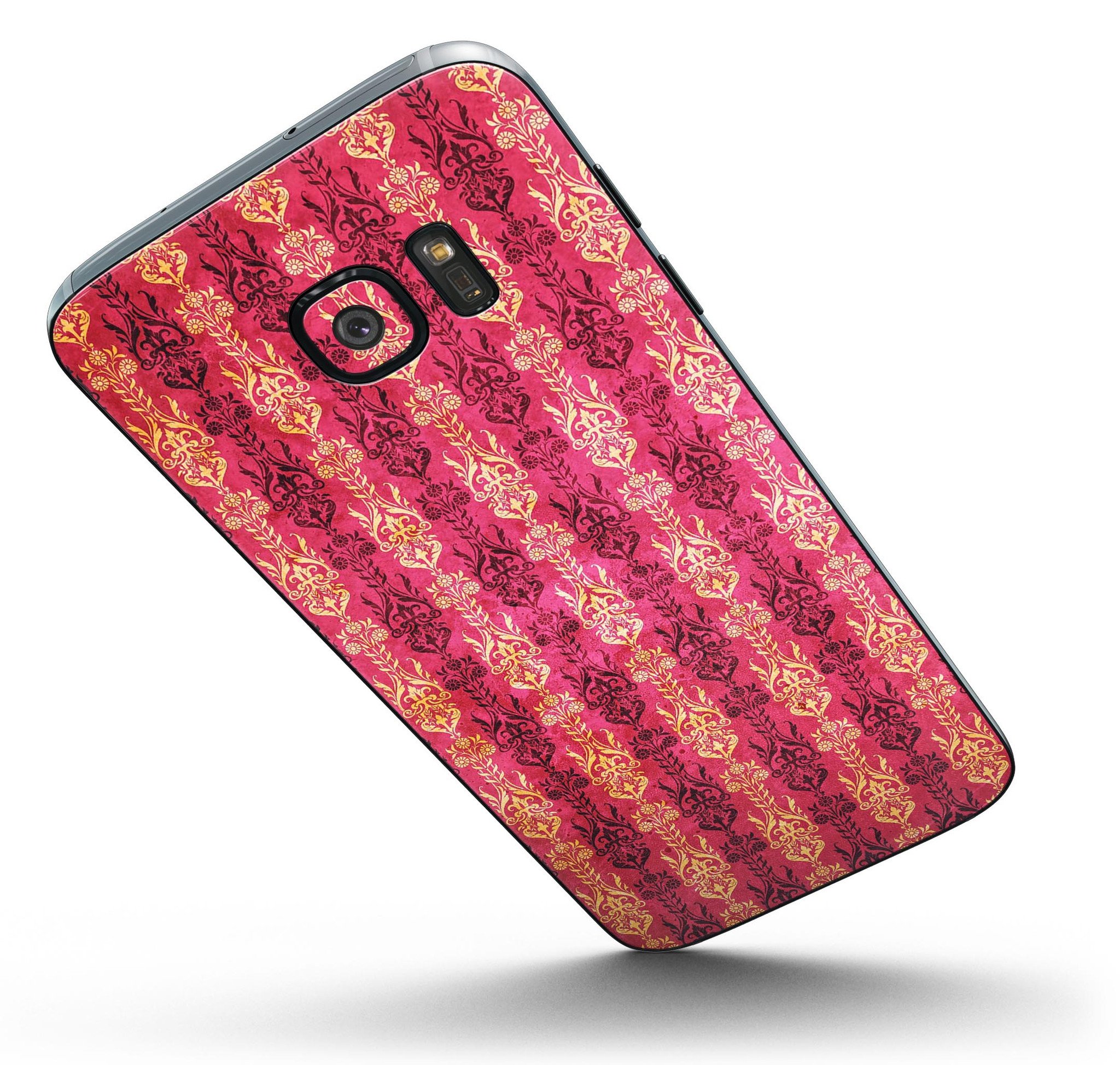 Antique Pink and Yellow Damask Pattern skin-kit for Samsung Galaxy S7 and S7 Edge, showcasing vibrant colors and intricate design.