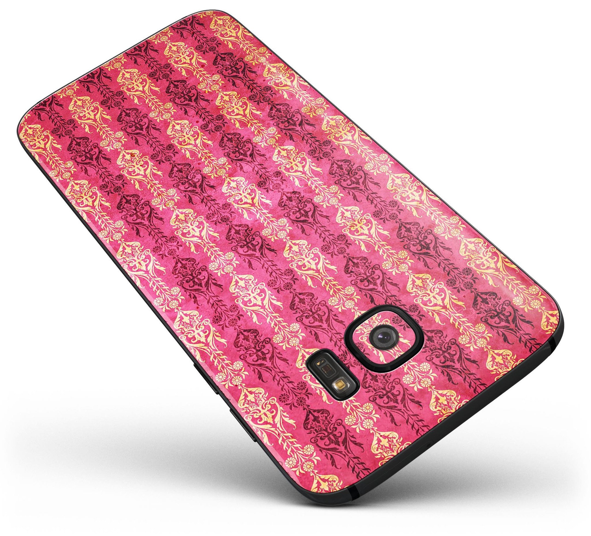 Antique Pink and Yellow Damask Pattern skin-kit for Samsung Galaxy S7 and S7 Edge, showcasing vibrant colors and intricate design.