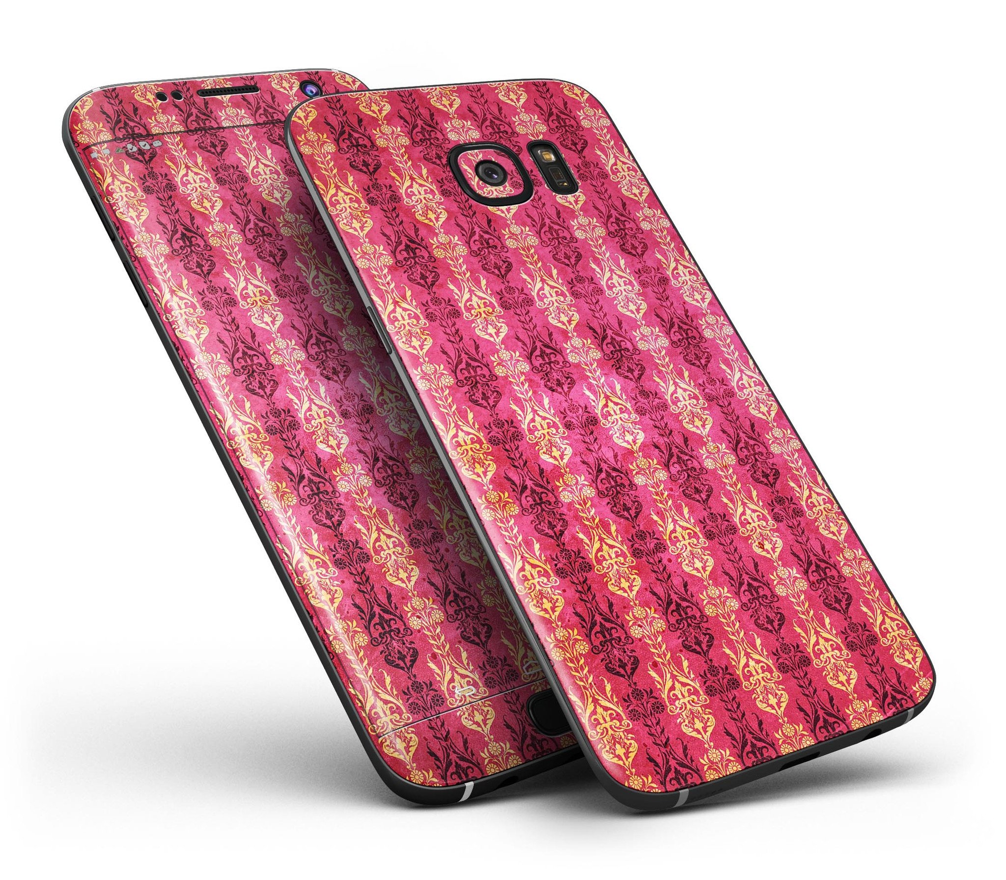 Antique Pink and Yellow Damask Pattern skin-kit for Samsung Galaxy S7 and S7 Edge, showcasing vibrant colors and intricate design.