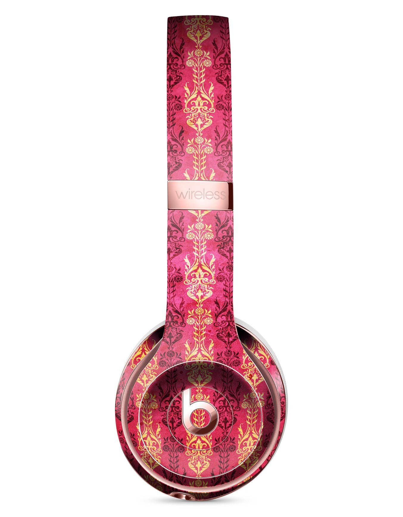 Antique Pink and Yellow Damask Pattern Skin Kit for Beats by Dre Solo 3 Wireless Headphones, showcasing vibrant colors and intricate design.