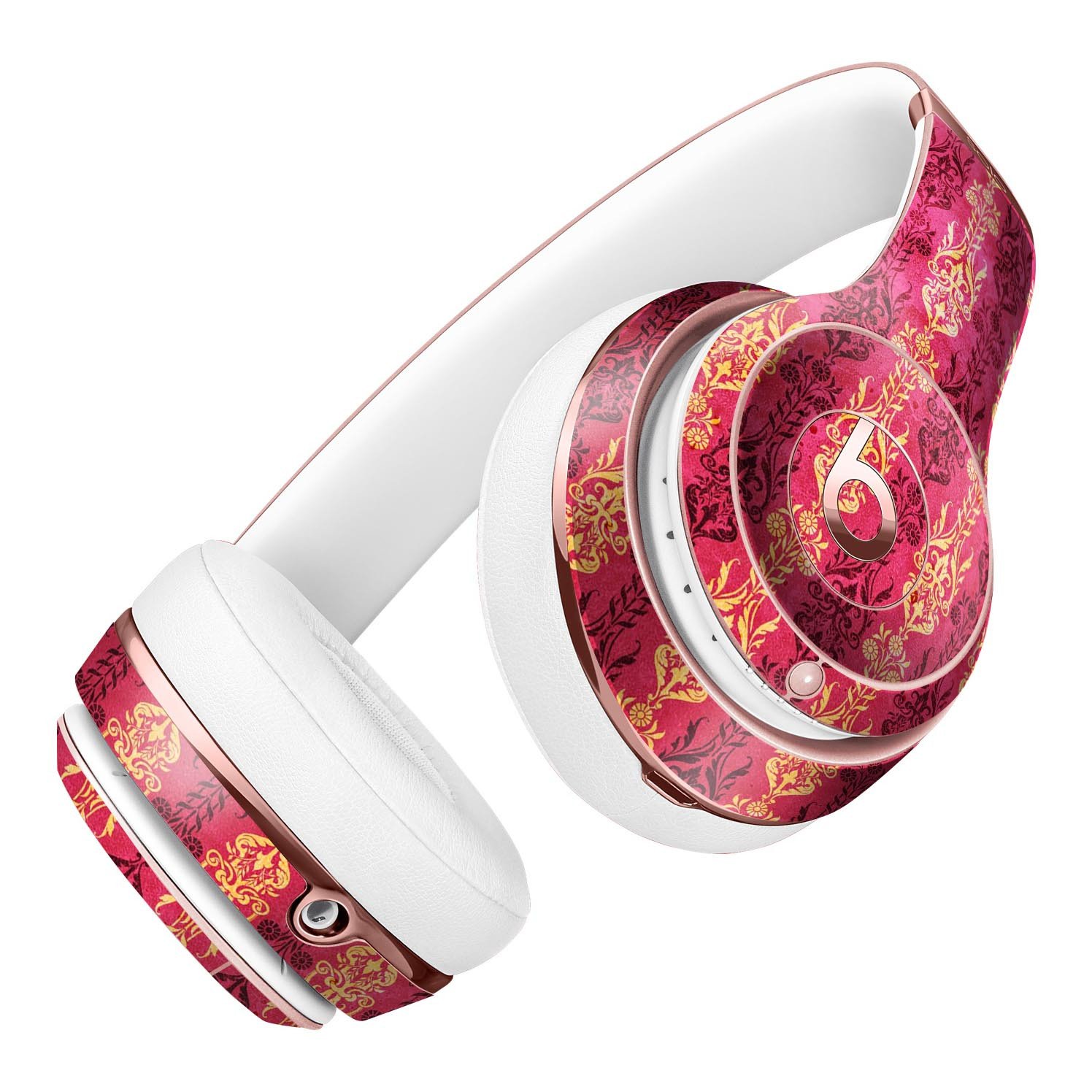 Antique Pink and Yellow Damask Pattern Skin Kit for Beats by Dre Solo 3 Wireless Headphones, showcasing vibrant colors and intricate design.