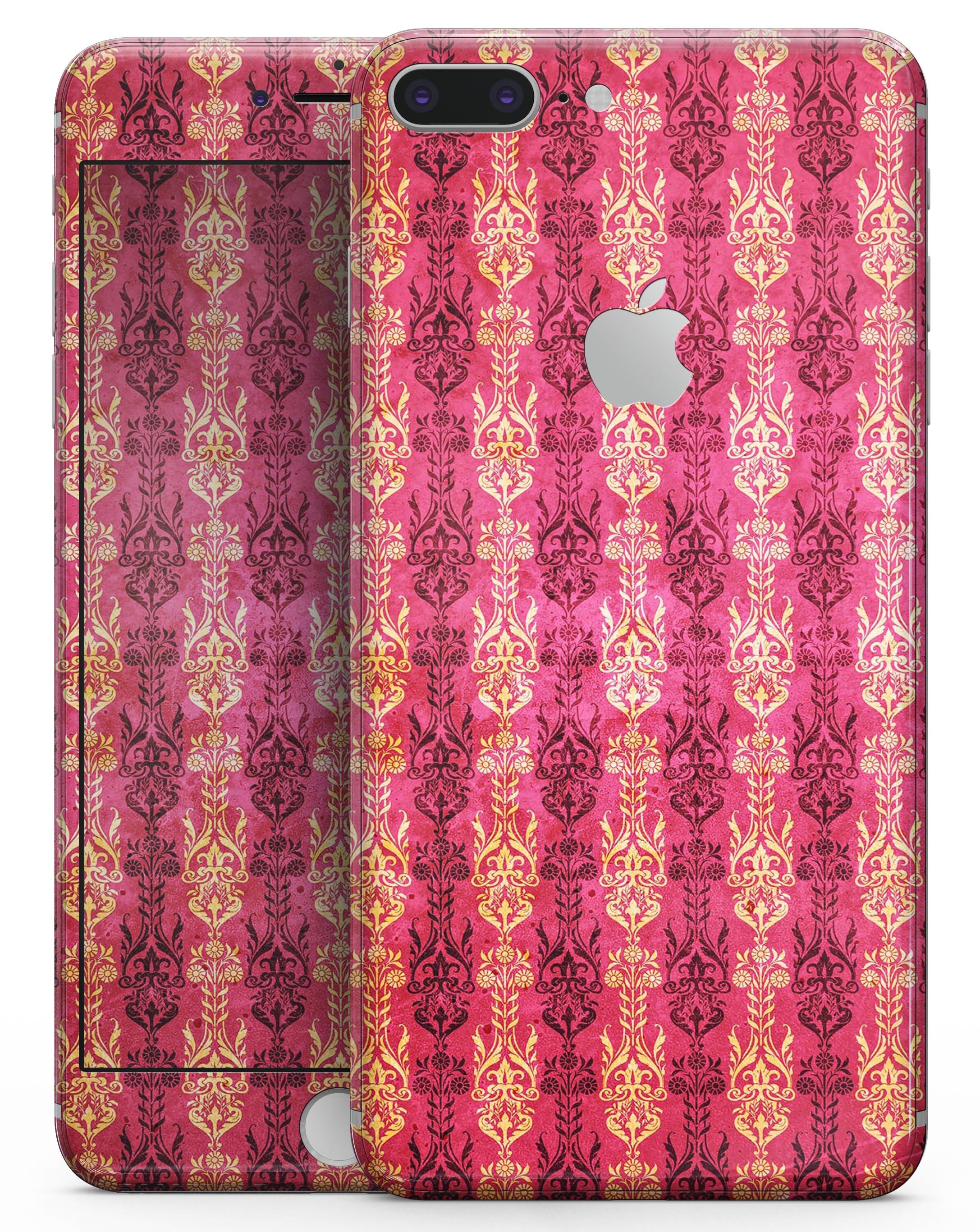 Antique Pink and Yellow Damask Pattern skin for iPhone 8 and 8 Plus, showcasing intricate design and vibrant colors.