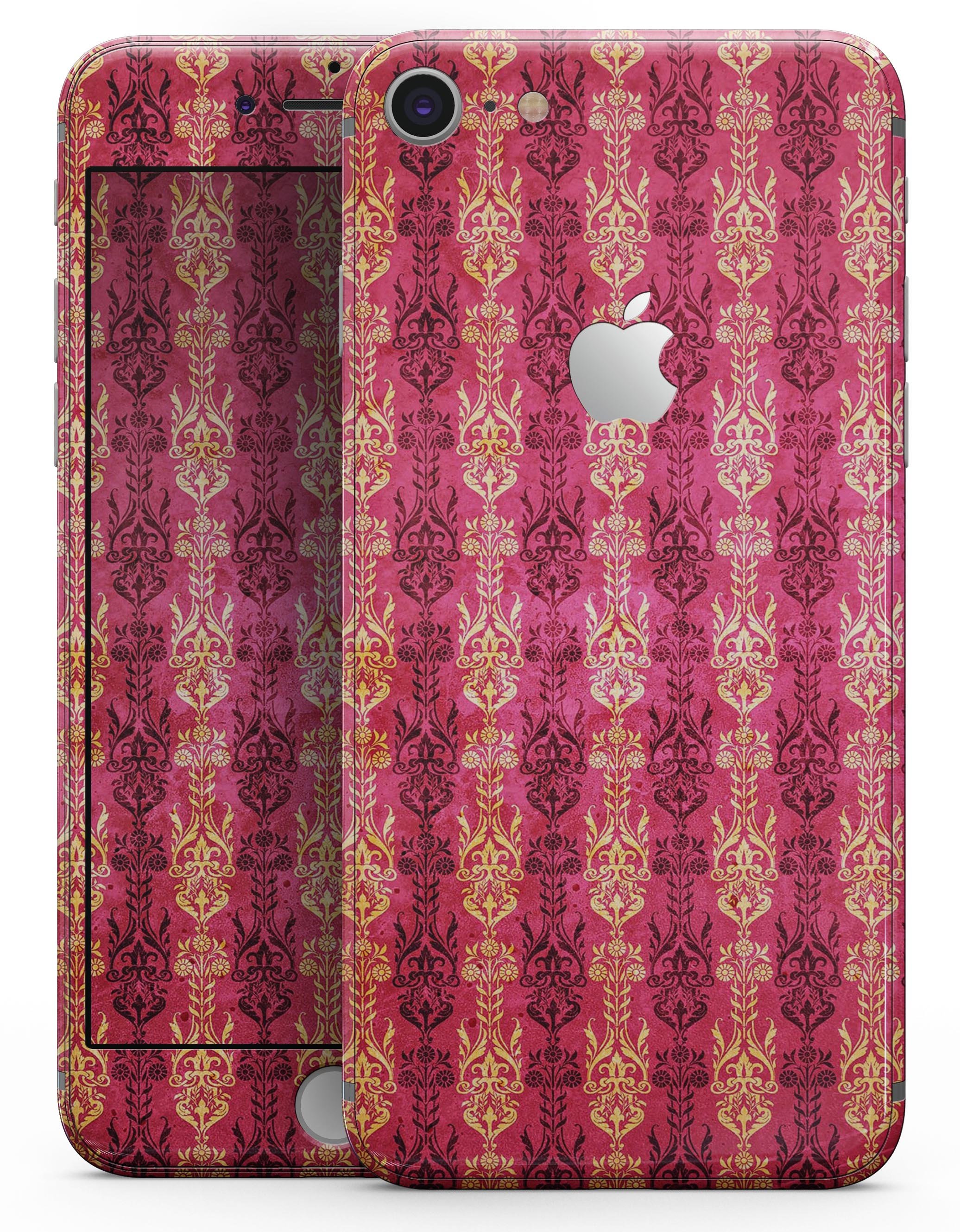 Antique Pink and Yellow Damask Pattern skin for iPhone 8 and 8 Plus, showcasing intricate design and vibrant colors.