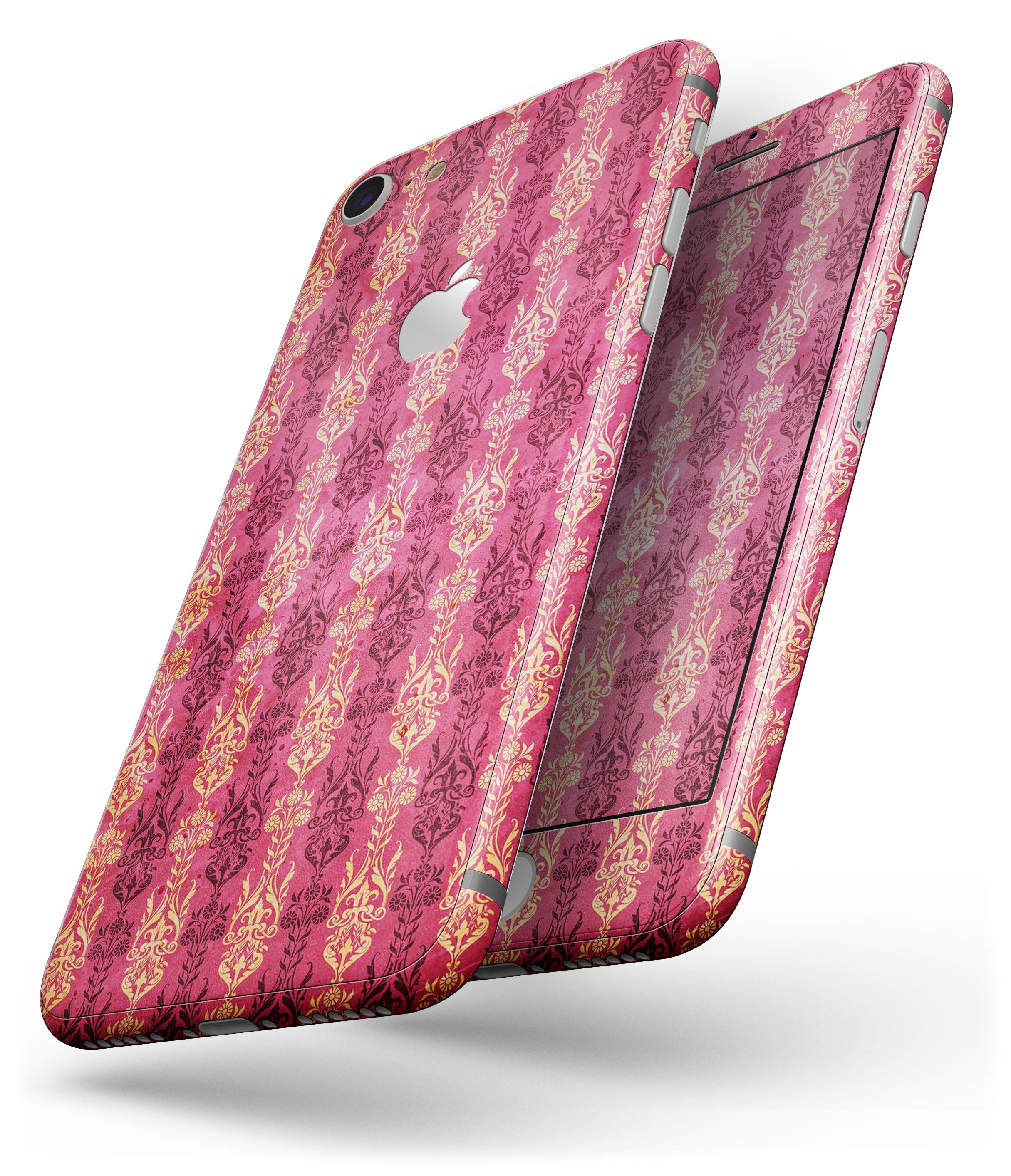 Antique Pink and Yellow Damask Pattern skin for iPhone 8 and 8 Plus, showcasing intricate design and vibrant colors.