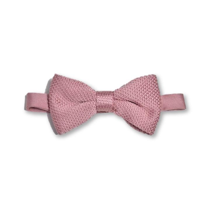 Antique rose knitted bow tie displayed elegantly, showcasing its unique texture and color.