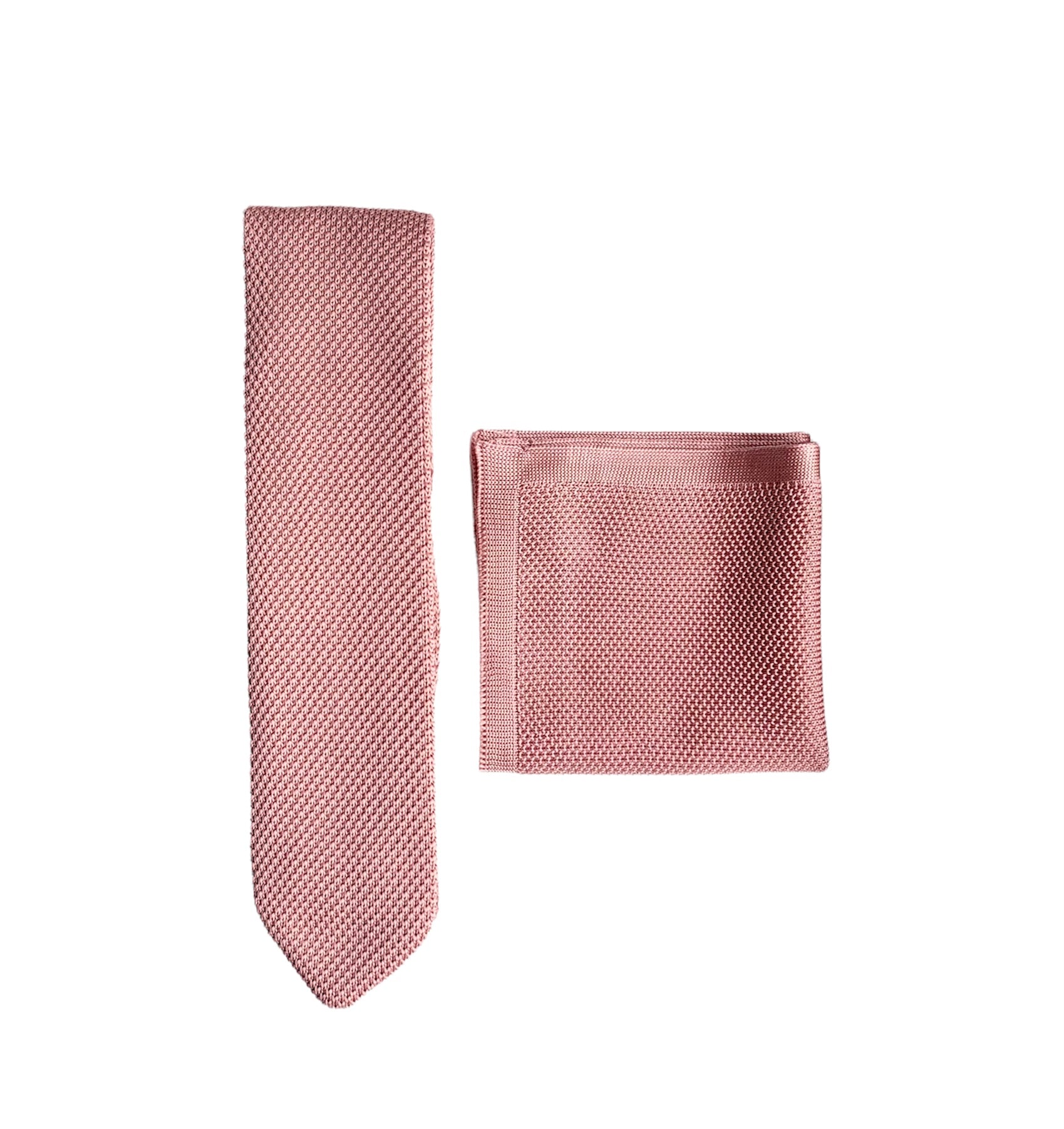 Antique rose knitted tie and pocket square set displayed elegantly, showcasing the intricate knit pattern and rich color.