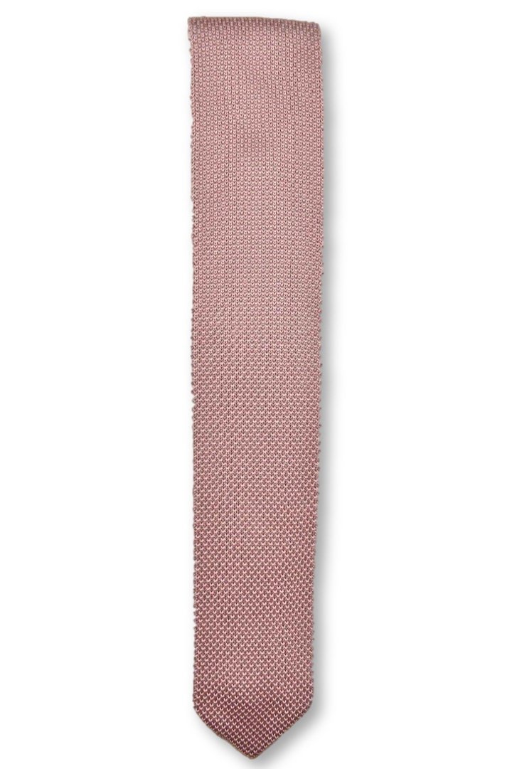 Antique rose knitted tie with a pointed end, showcasing its elegant texture and color.