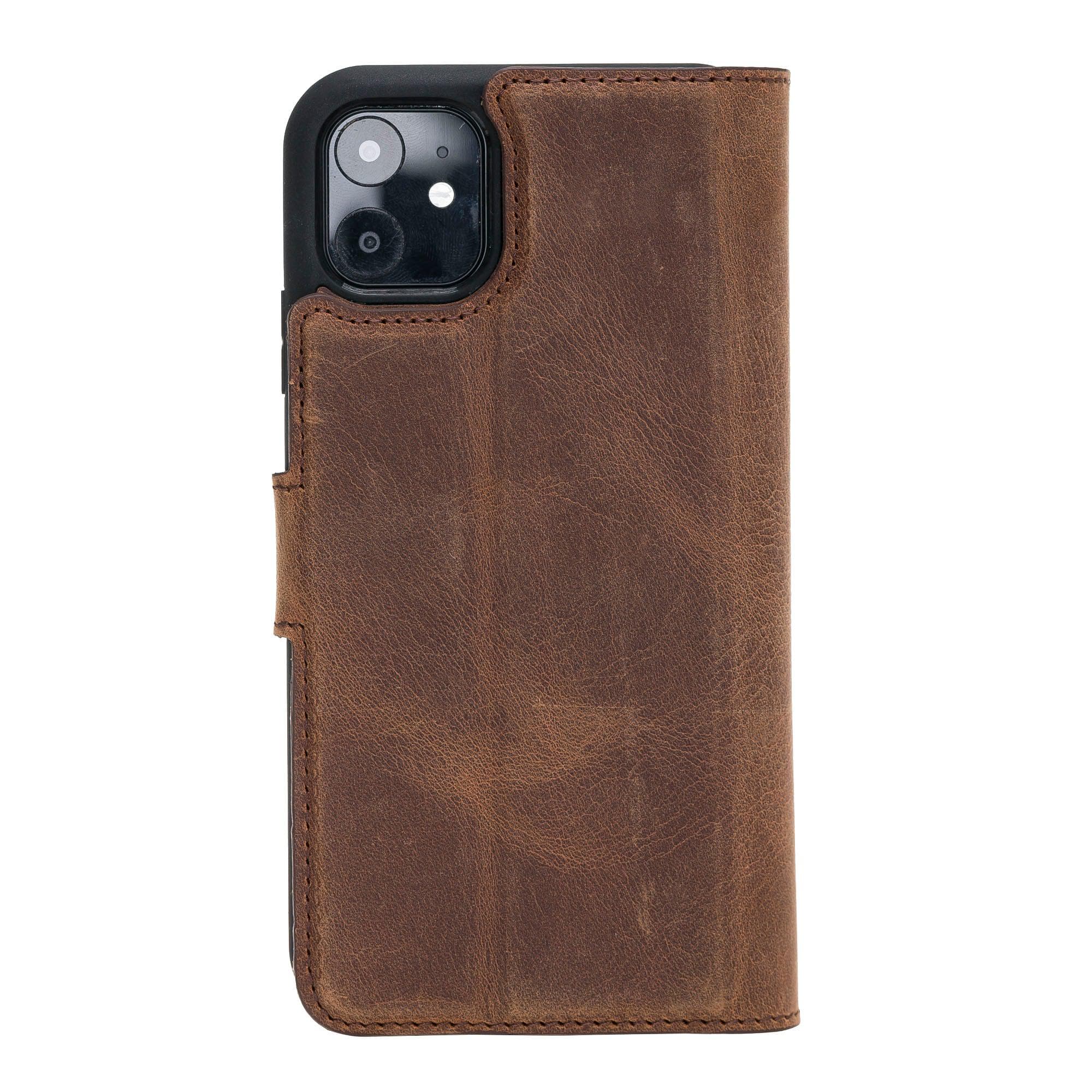 Apple iPhone 11 Series Detachable Leather Wallet Case in black, showcasing its sleek design and card slots.