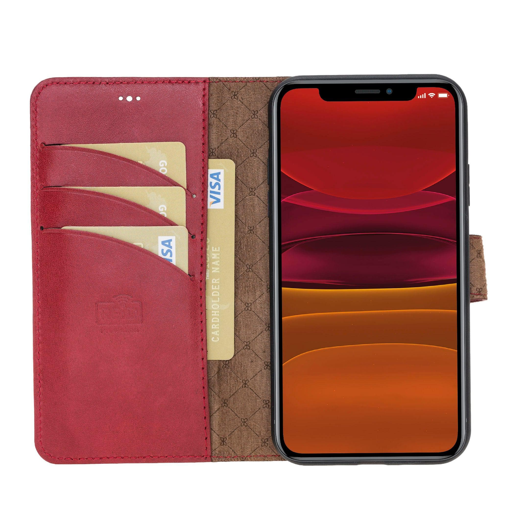 Apple iPhone 11 Series Detachable Leather Wallet Case in black, showcasing its sleek design and card slots.