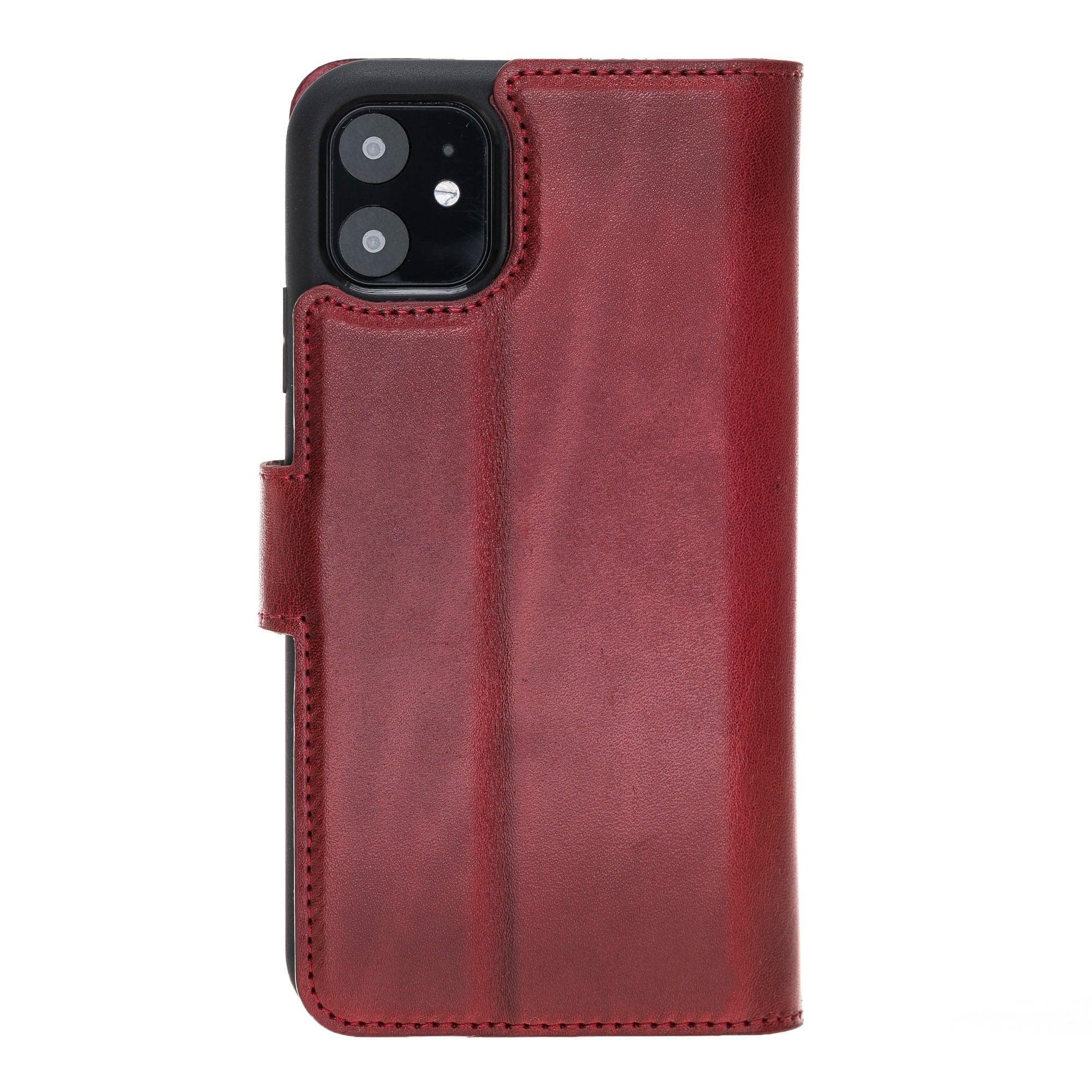 Apple iPhone 11 Series Detachable Leather Wallet Case in black, showcasing its sleek design and card slots.