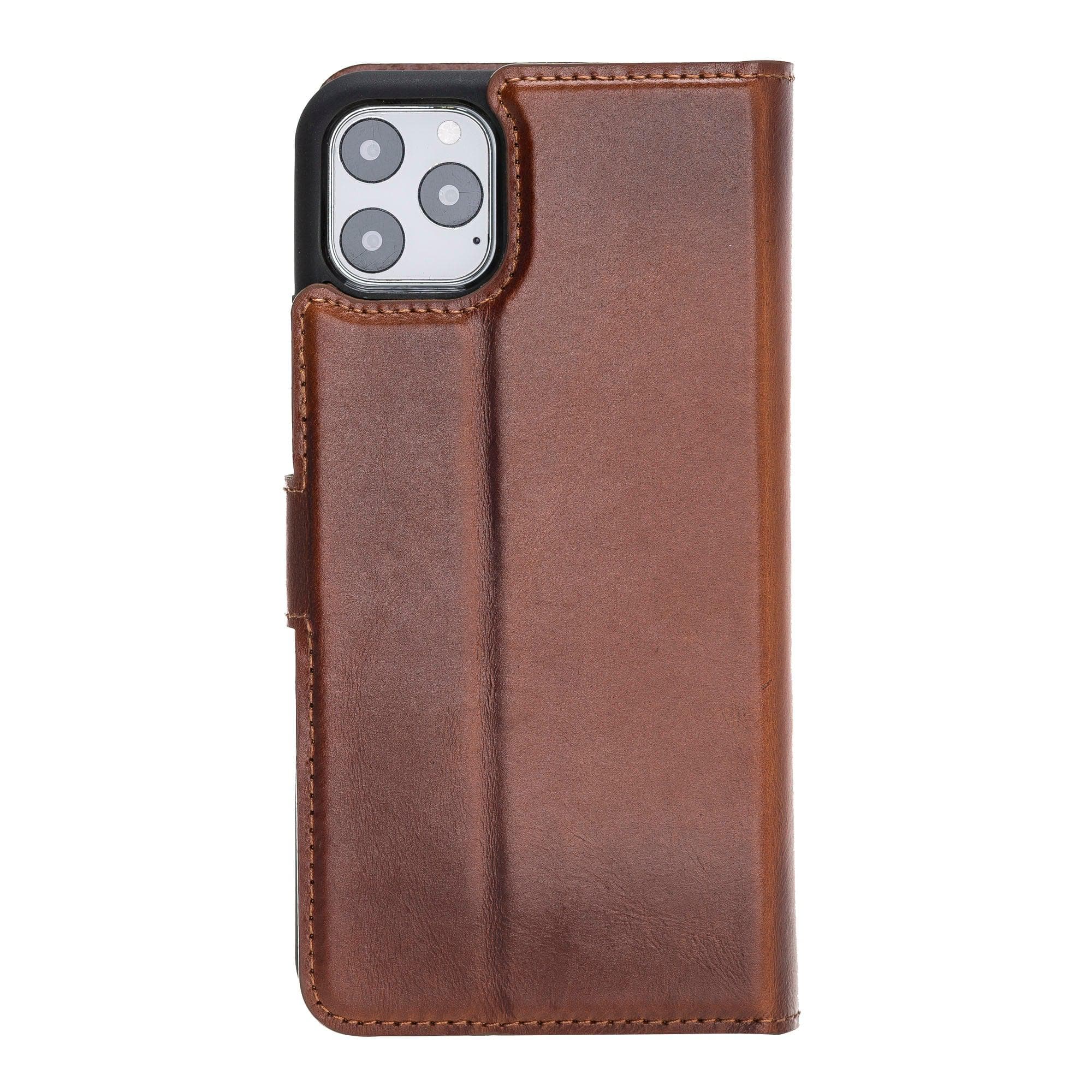 Apple iPhone 11 Series Detachable Leather Wallet Case in black, showcasing its sleek design and card slots.