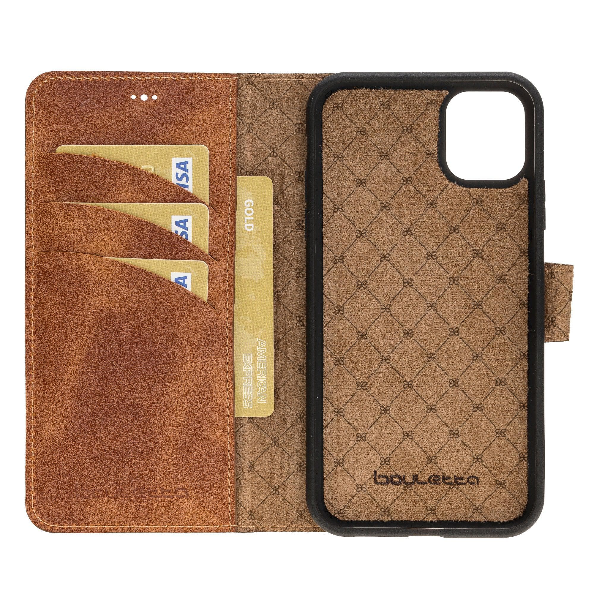 Apple iPhone 11 Series Detachable Leather Wallet Case in black, showcasing its sleek design and card slots.