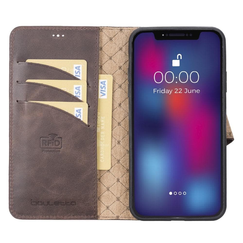 Apple iPhone 11 Series Detachable Leather Wallet Case in black, showcasing its sleek design and card slots.