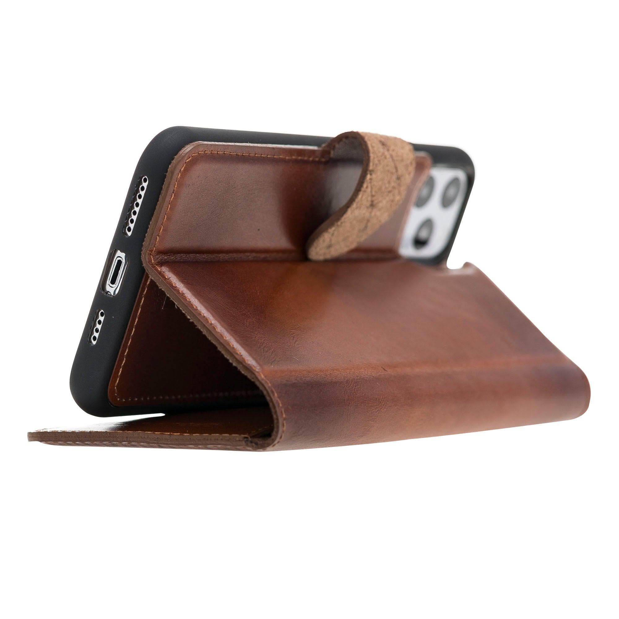 Apple iPhone 11 Series Detachable Leather Wallet Case in black, showcasing its sleek design and card slots.