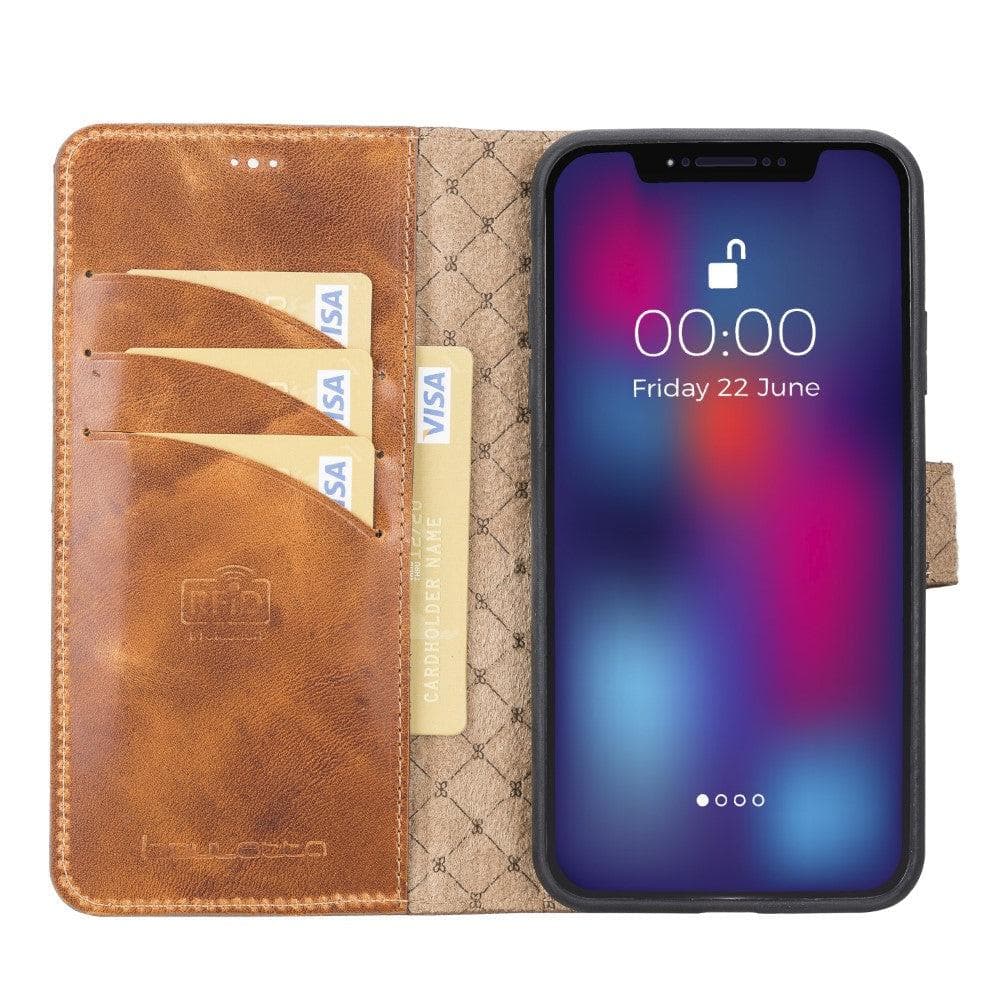 Apple iPhone 11 Series Detachable Leather Wallet Case in black, showcasing its sleek design and card slots.