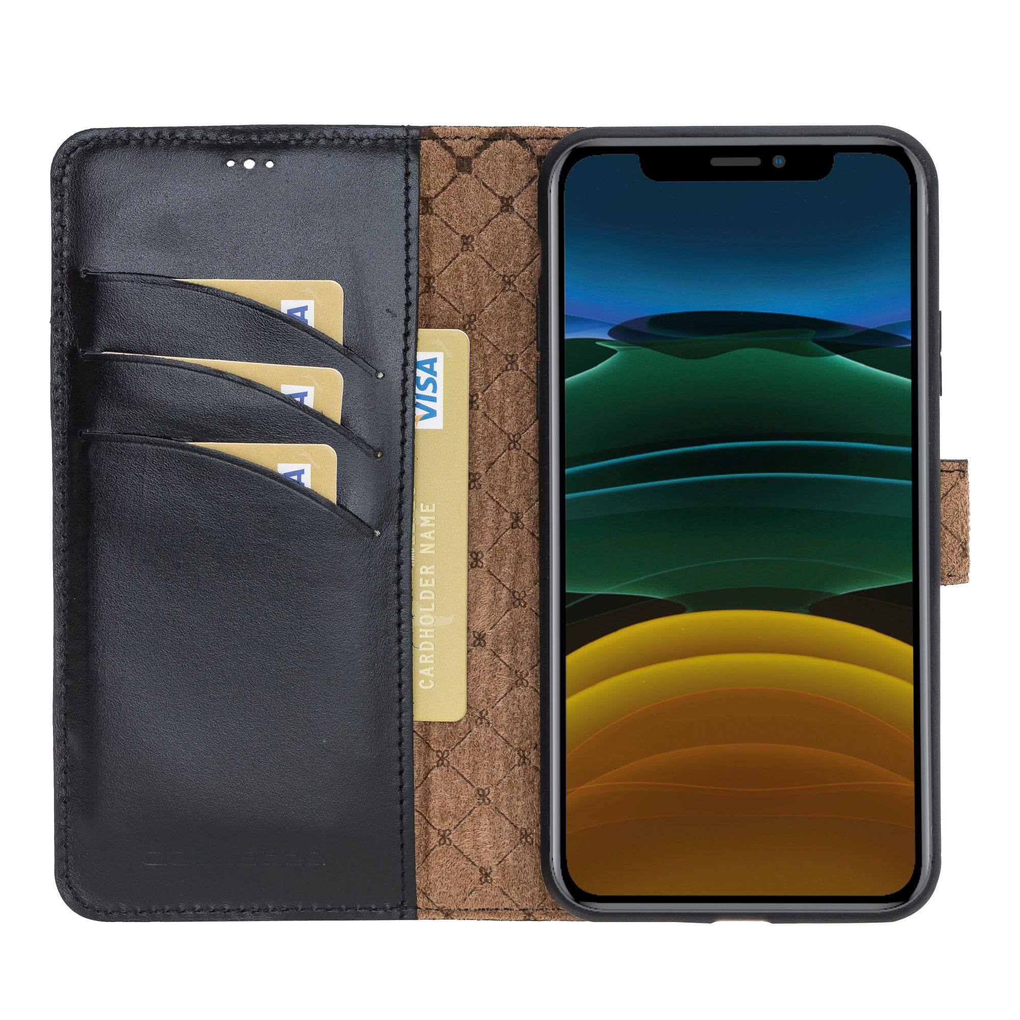 Apple iPhone 11 Series Detachable Leather Wallet Case in black, showcasing its sleek design and card slots.