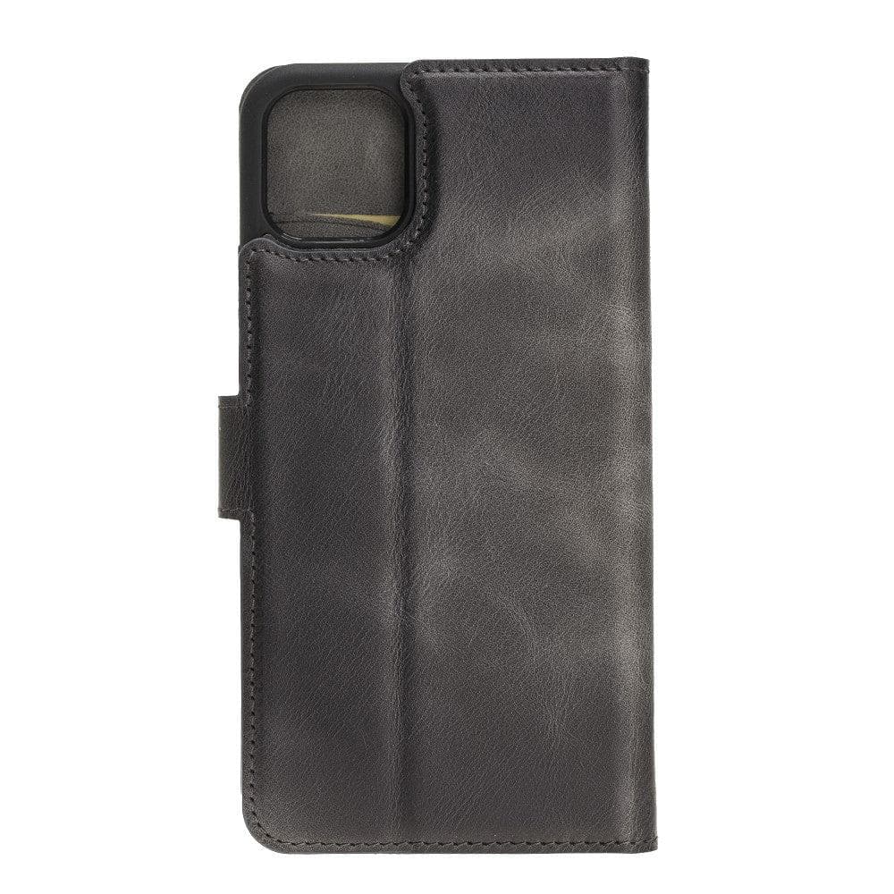 Apple iPhone 11 Series Detachable Leather Wallet Case in black, showcasing its sleek design and card slots.