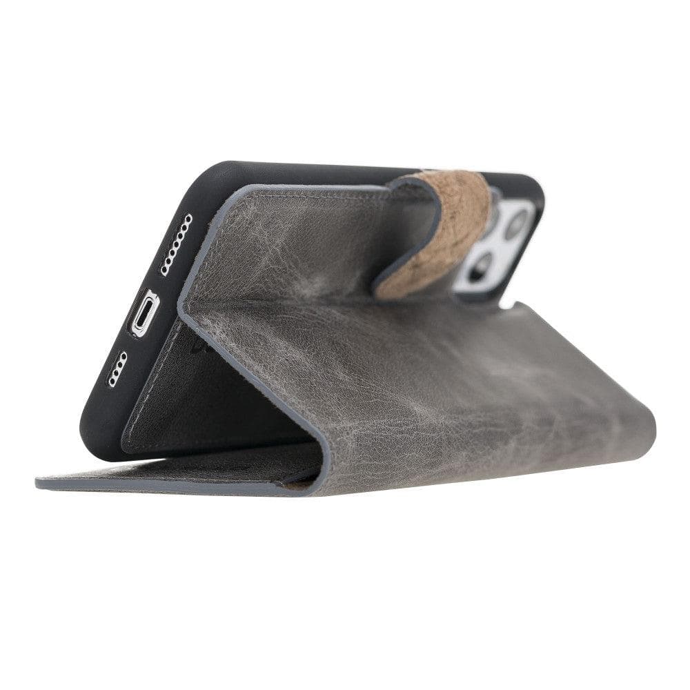 Apple iPhone 11 Series Detachable Leather Wallet Case in black, showcasing its sleek design and card slots.