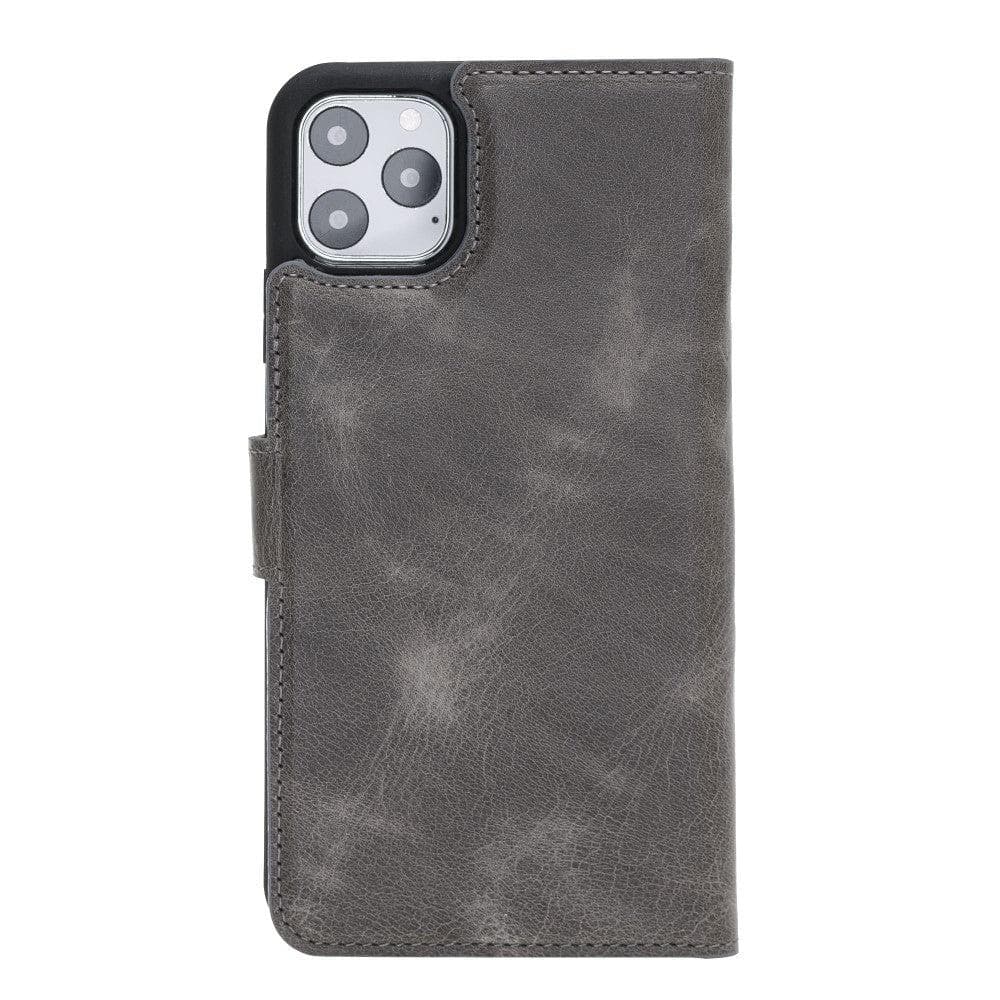 Apple iPhone 11 Series Detachable Leather Wallet Case in black, showcasing its sleek design and card slots.