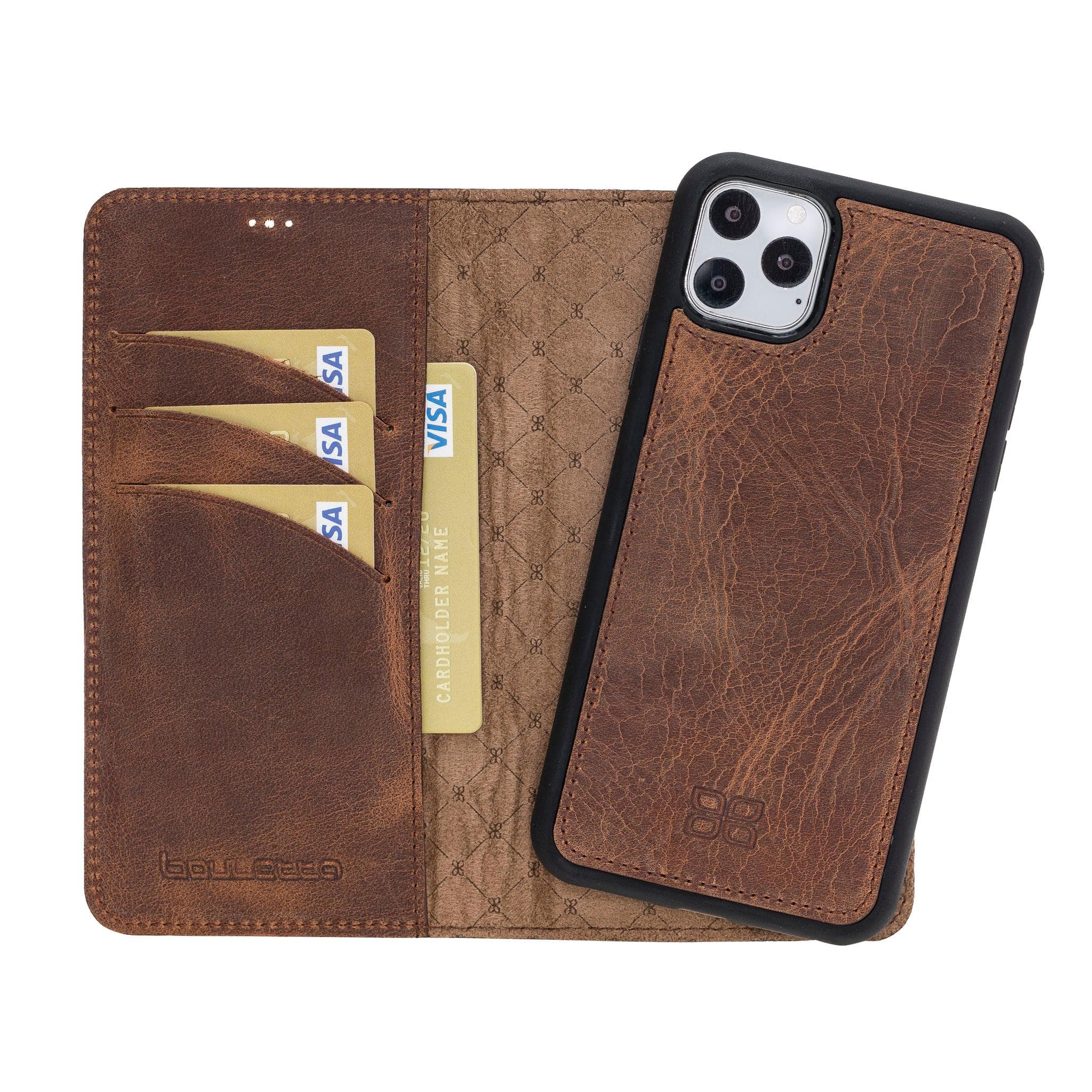 Apple iPhone 11 Series Detachable Leather Wallet Case in black, showcasing its sleek design and card slots.