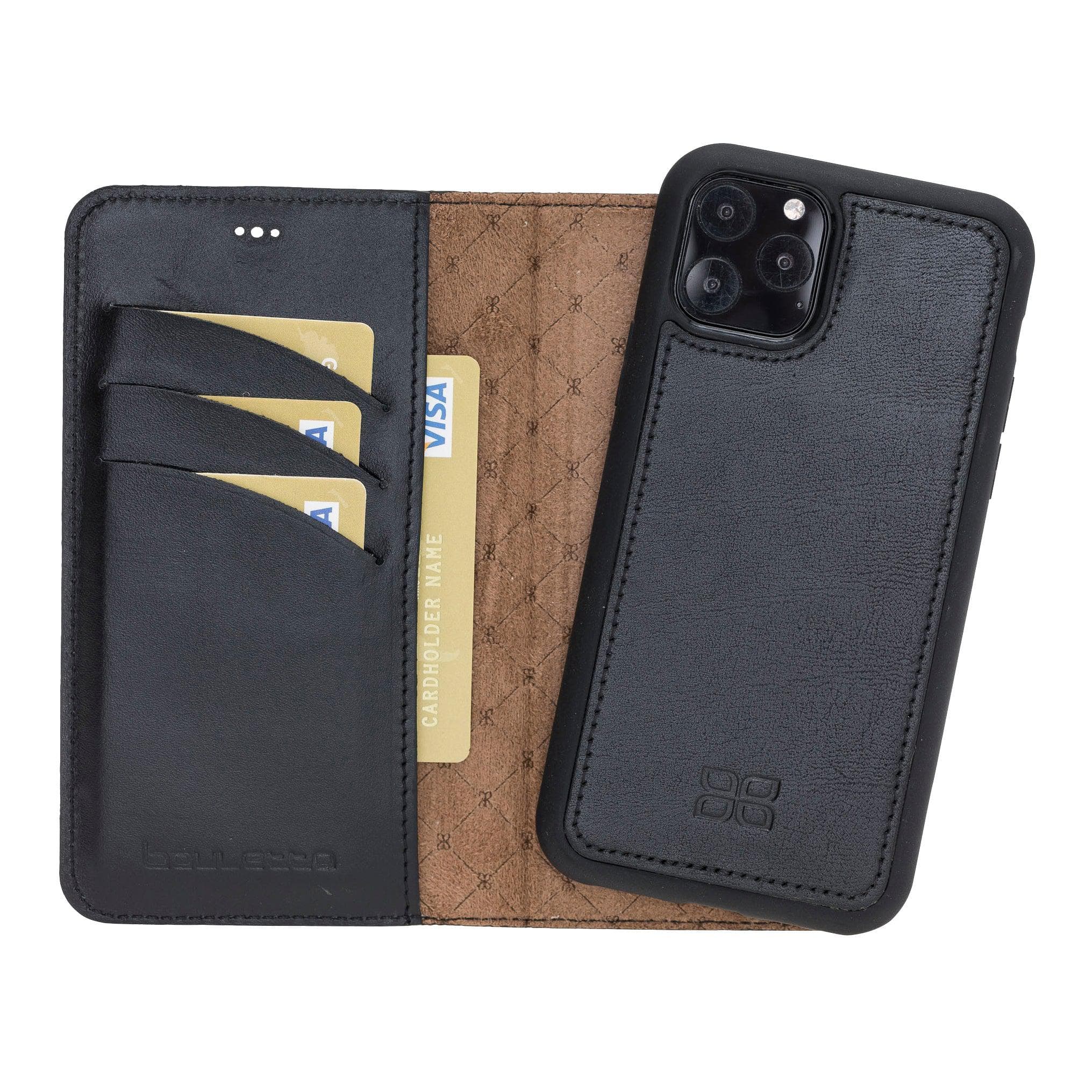 Apple iPhone 11 Series Detachable Leather Wallet Case in black, showcasing its sleek design and card slots.