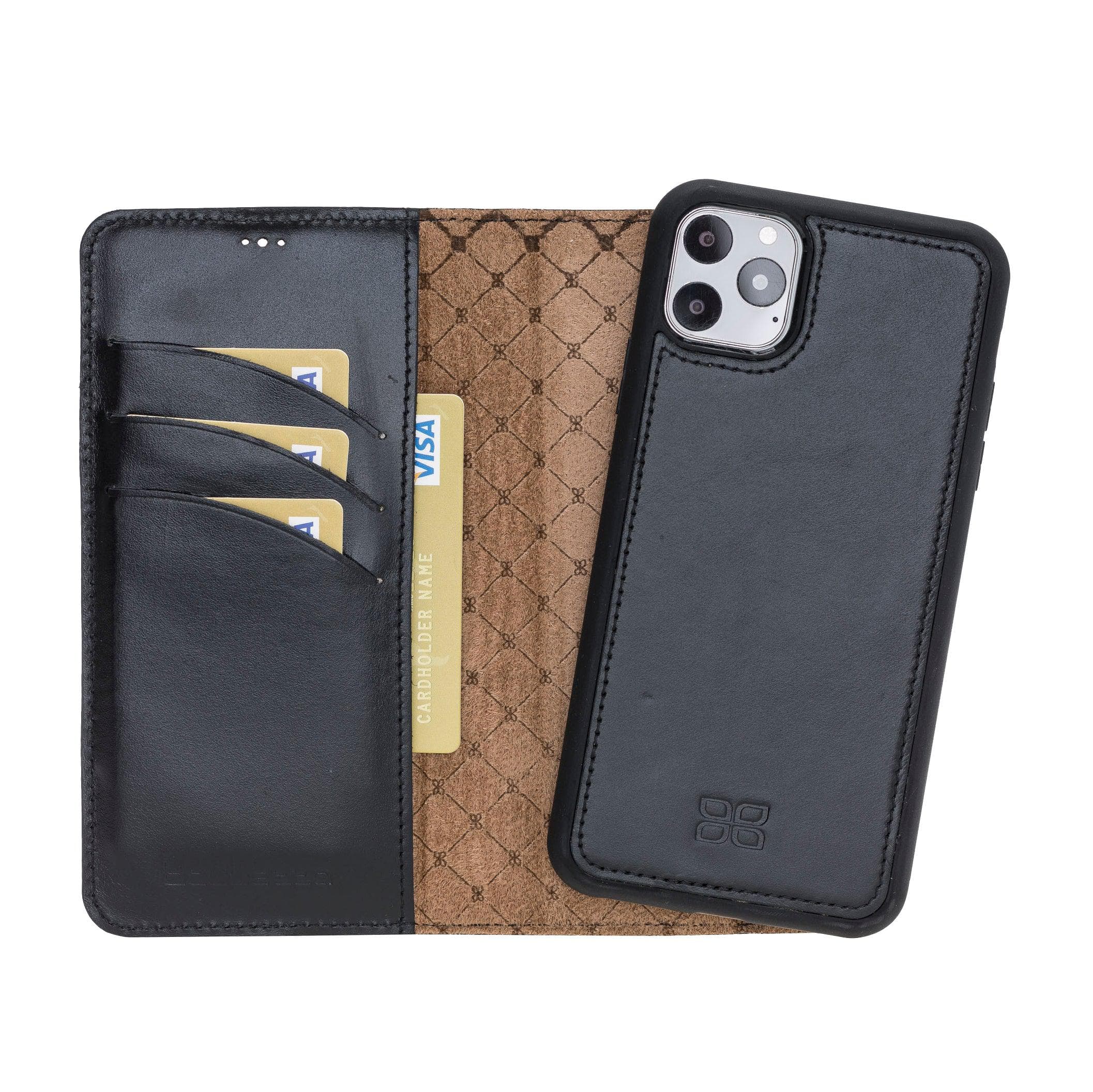 Apple iPhone 11 Series Detachable Leather Wallet Case in black, showcasing its sleek design and card slots.