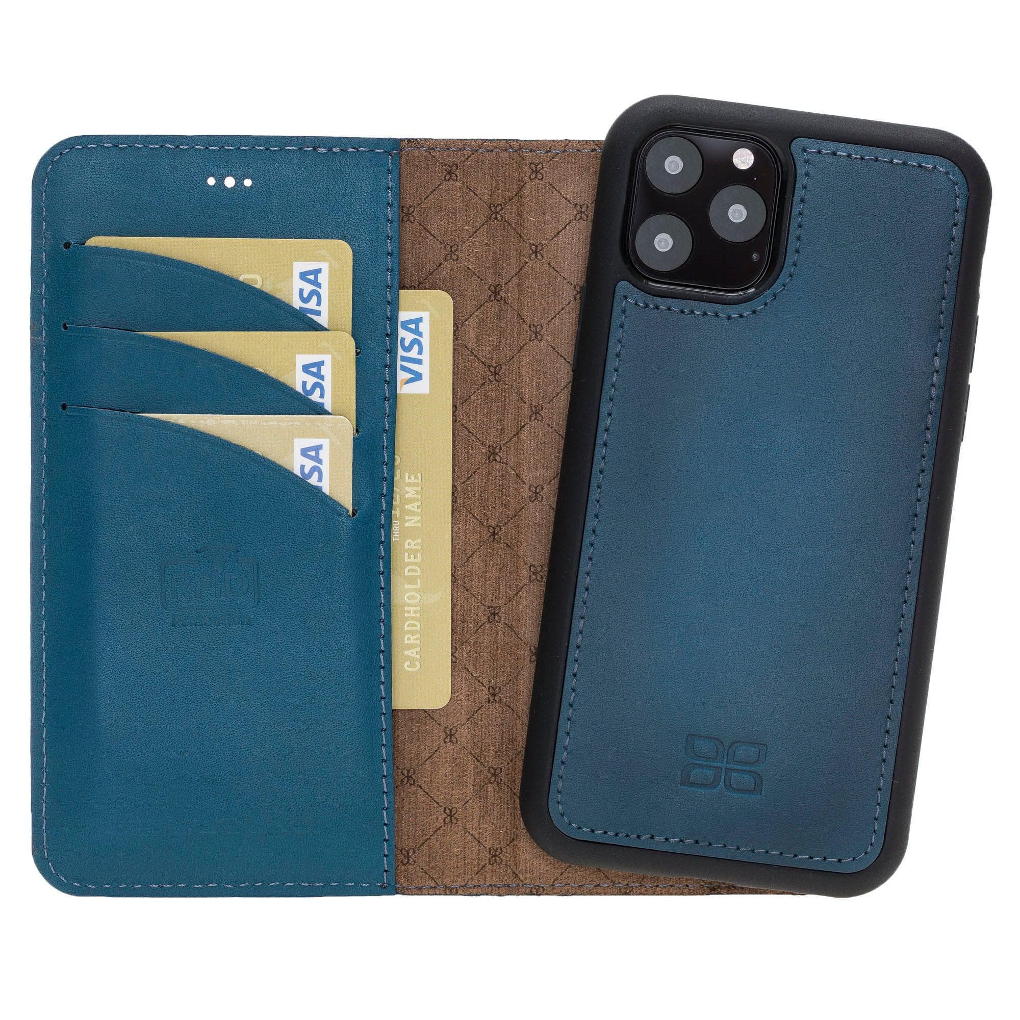 Apple iPhone 11 Series Detachable Leather Wallet Case in black, showcasing its sleek design and card slots.