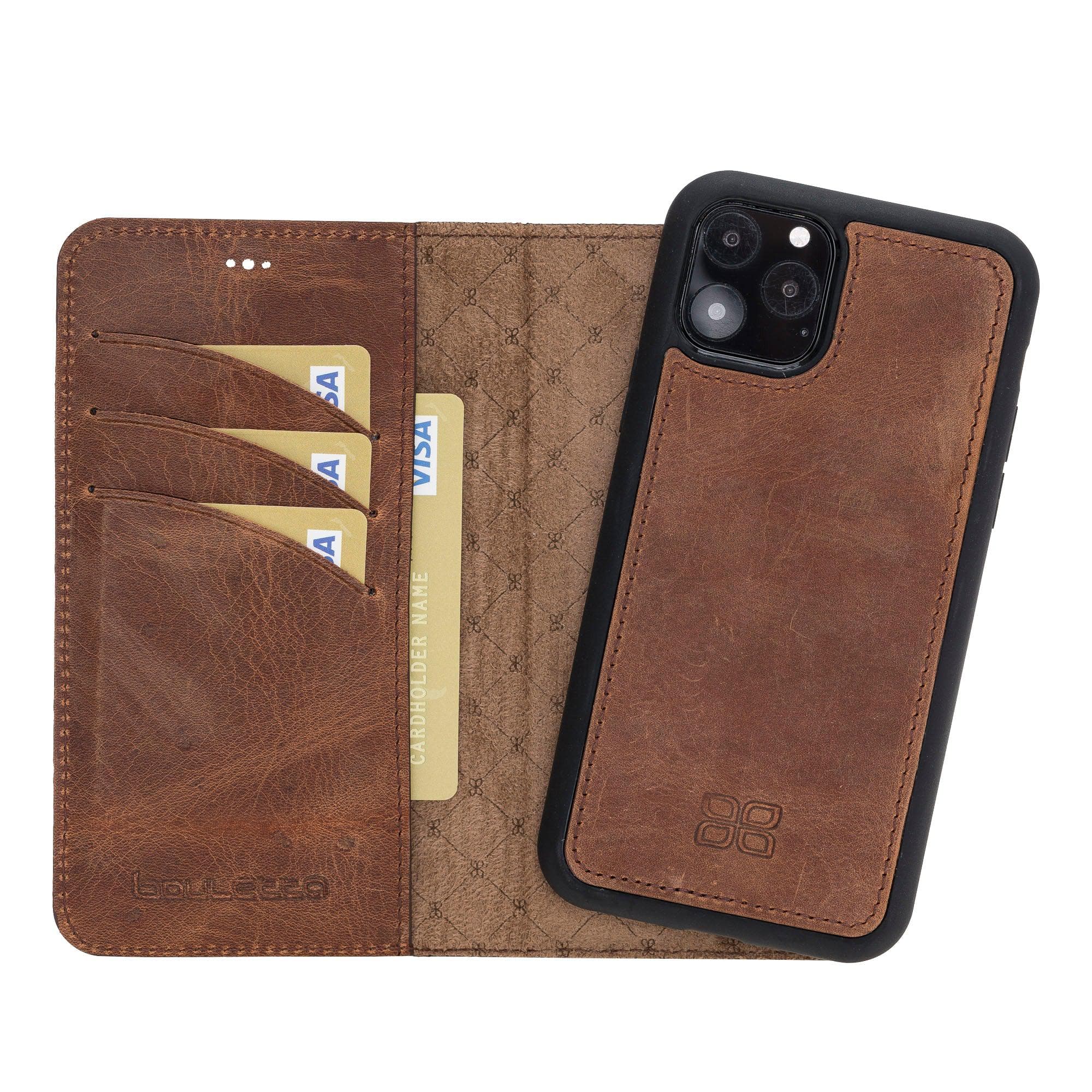 Apple iPhone 11 Series Detachable Leather Wallet Case in black, showcasing its sleek design and card slots.