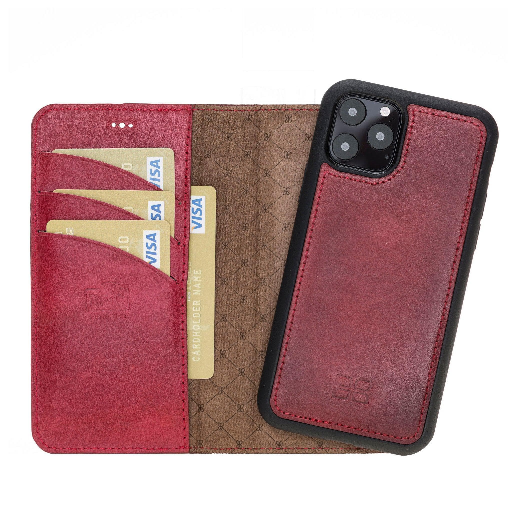 Apple iPhone 11 Series Detachable Leather Wallet Case in black, showcasing its sleek design and card slots.