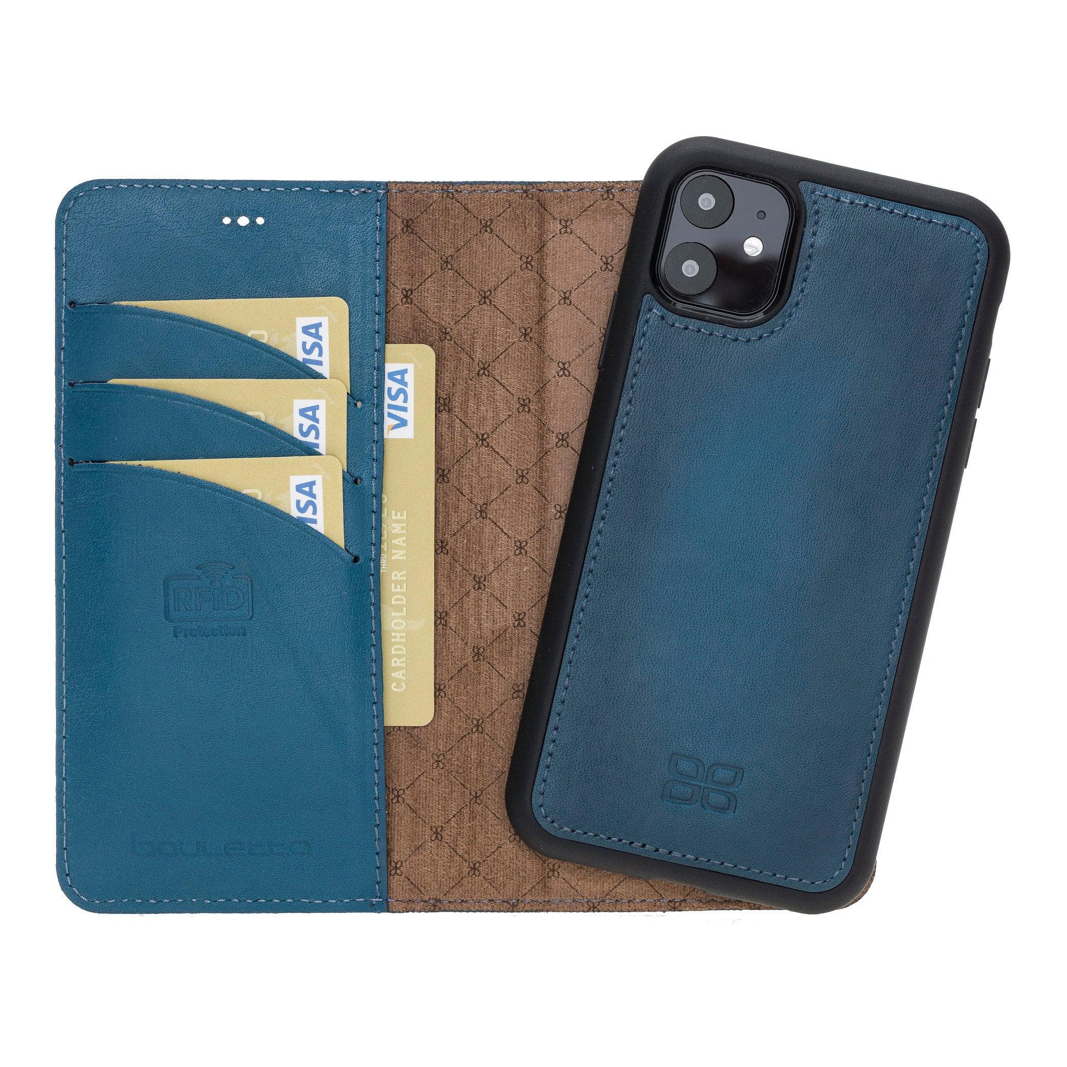 Apple iPhone 11 Series Detachable Leather Wallet Case in black, showcasing its sleek design and card slots.