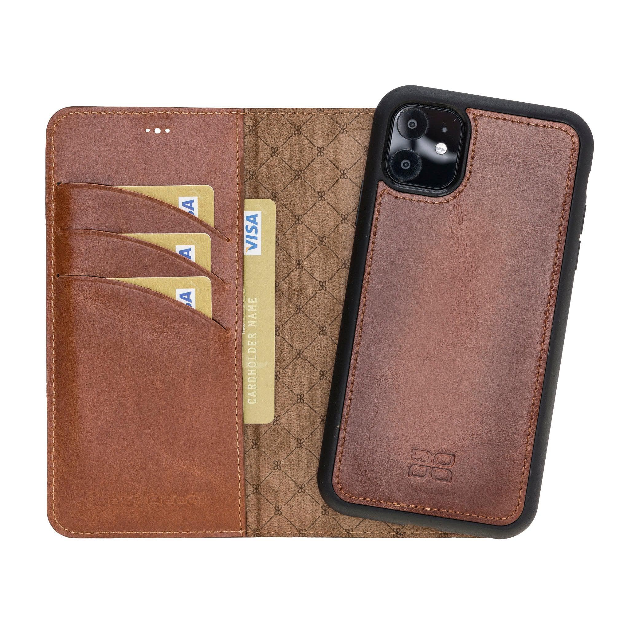 Apple iPhone 11 Series Detachable Leather Wallet Case in black, showcasing its sleek design and card slots.