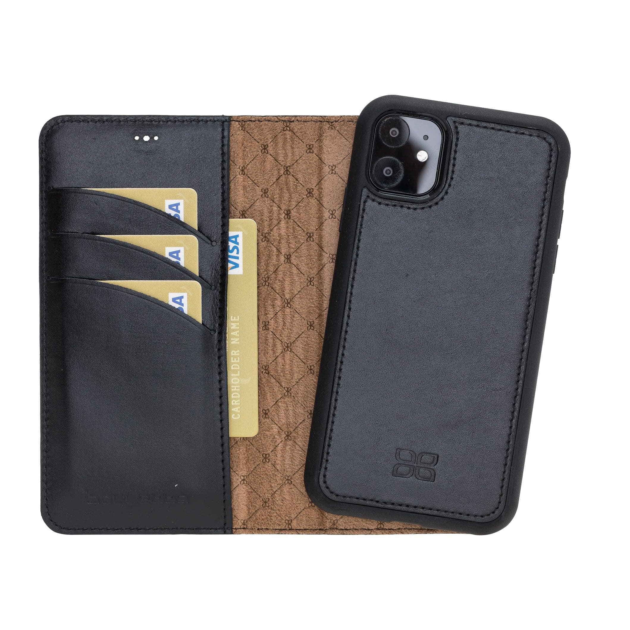 Apple iPhone 11 Series Detachable Leather Wallet Case in black, showcasing its sleek design and card slots.