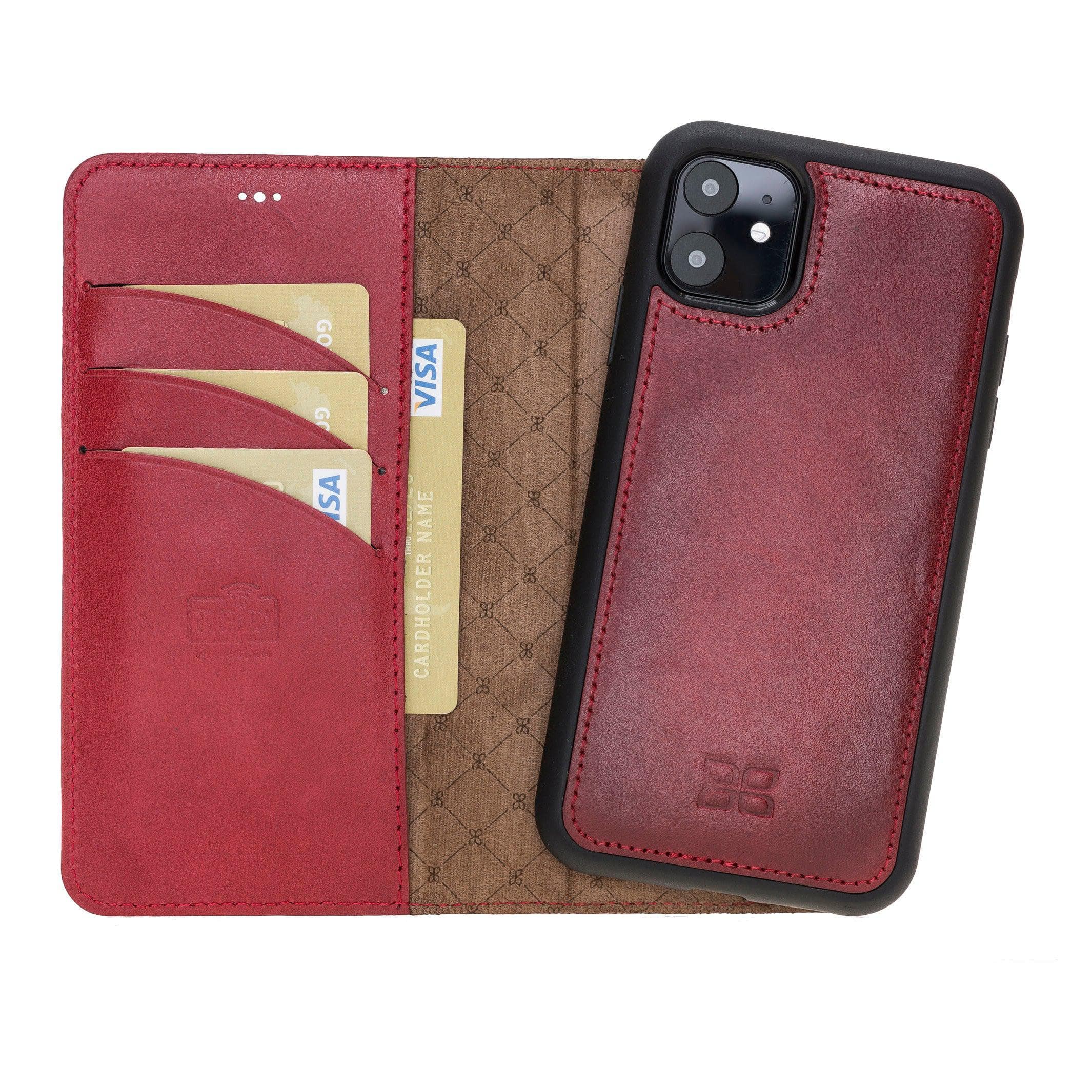 Apple iPhone 11 Series Detachable Leather Wallet Case in black, showcasing its sleek design and card slots.