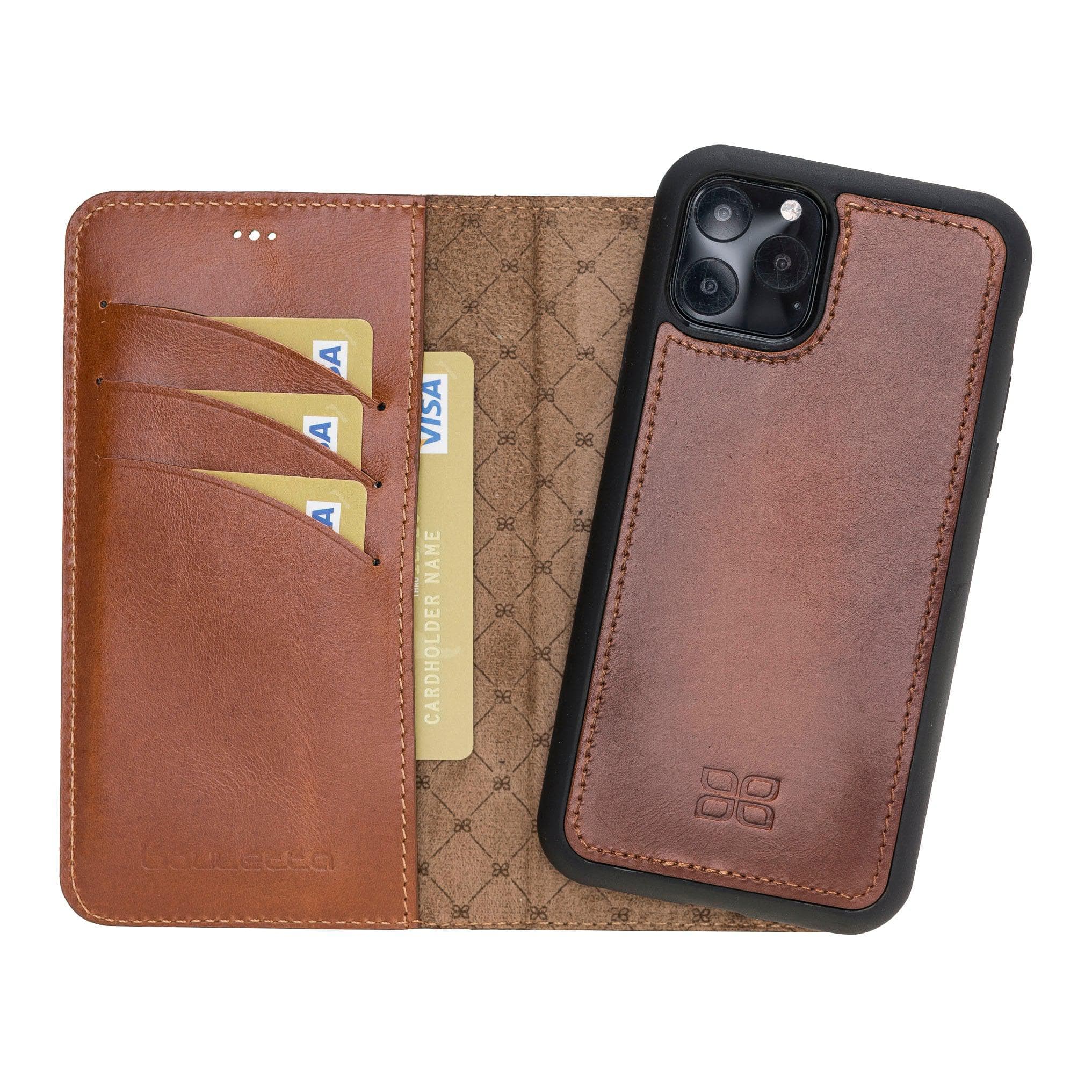 Apple iPhone 11 Series Detachable Leather Wallet Case in black, showcasing its sleek design and card slots.