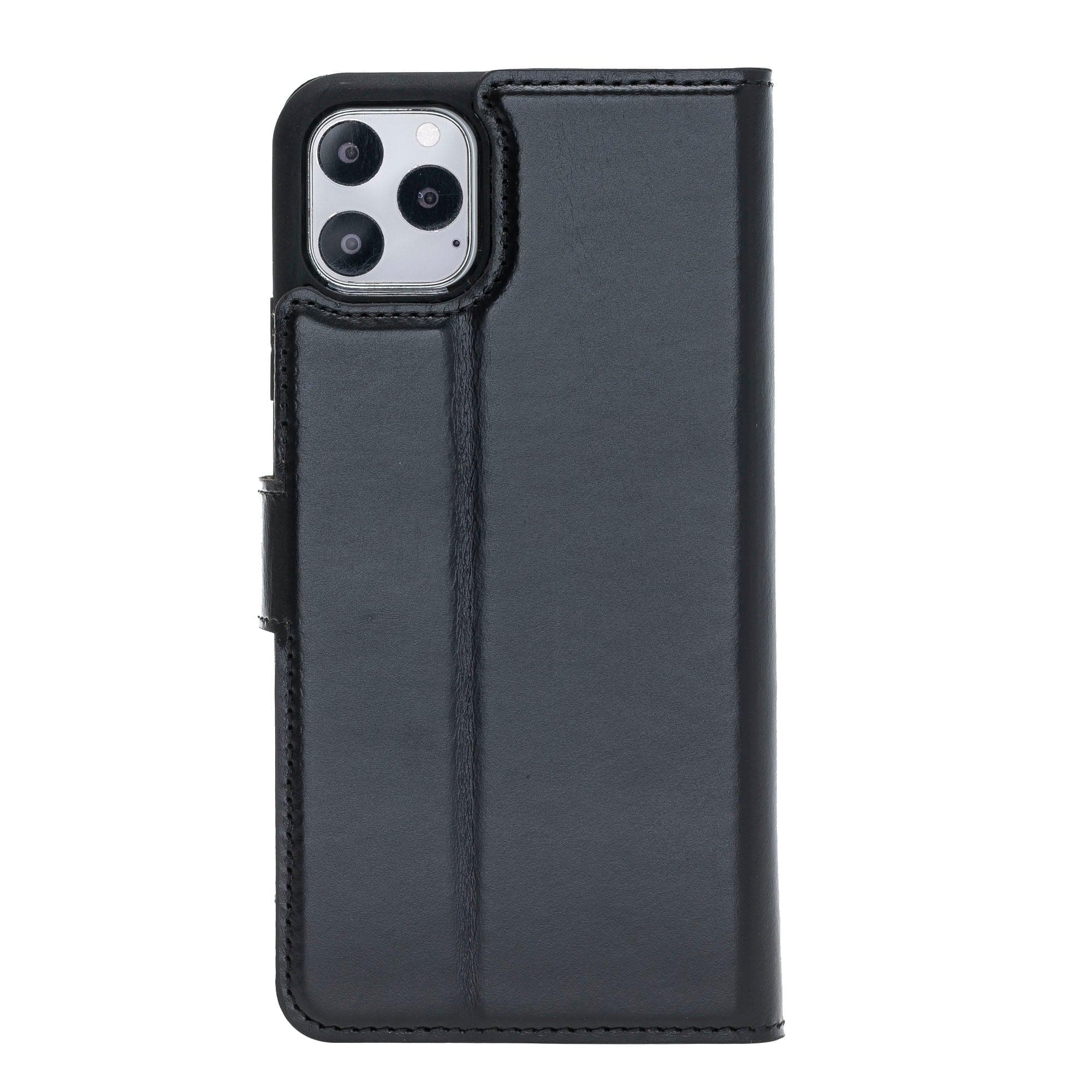 Apple iPhone 11 Series Detachable Leather Wallet Case in black, showcasing its sleek design and card slots.