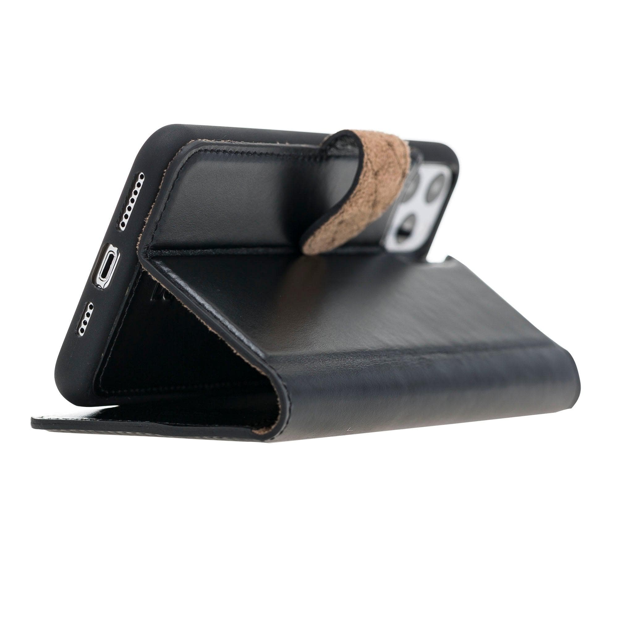 Apple iPhone 11 Series Detachable Leather Wallet Case in black, showcasing its sleek design and card slots.