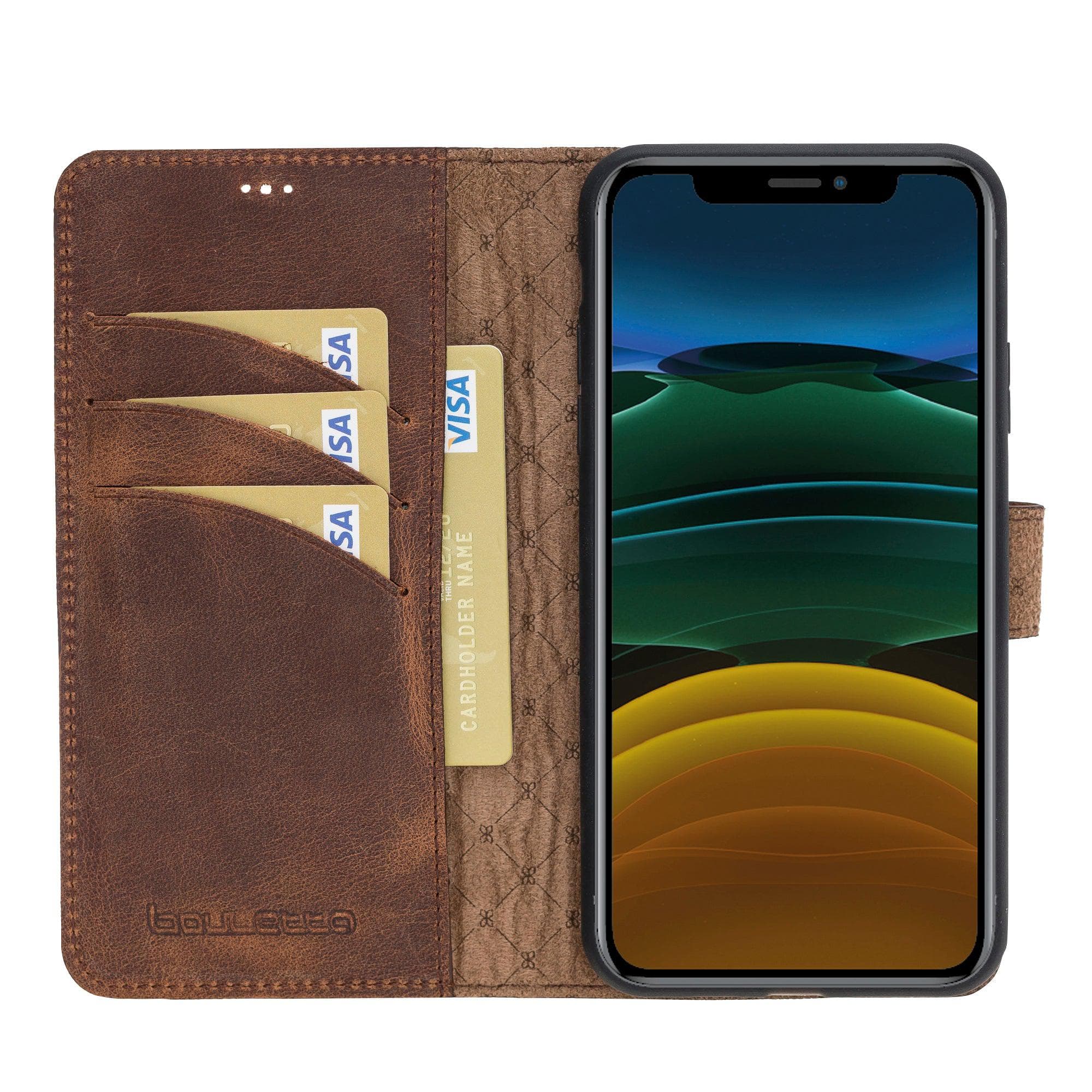 Apple iPhone 11 Series Detachable Leather Wallet Case in black, showcasing its sleek design and card slots.