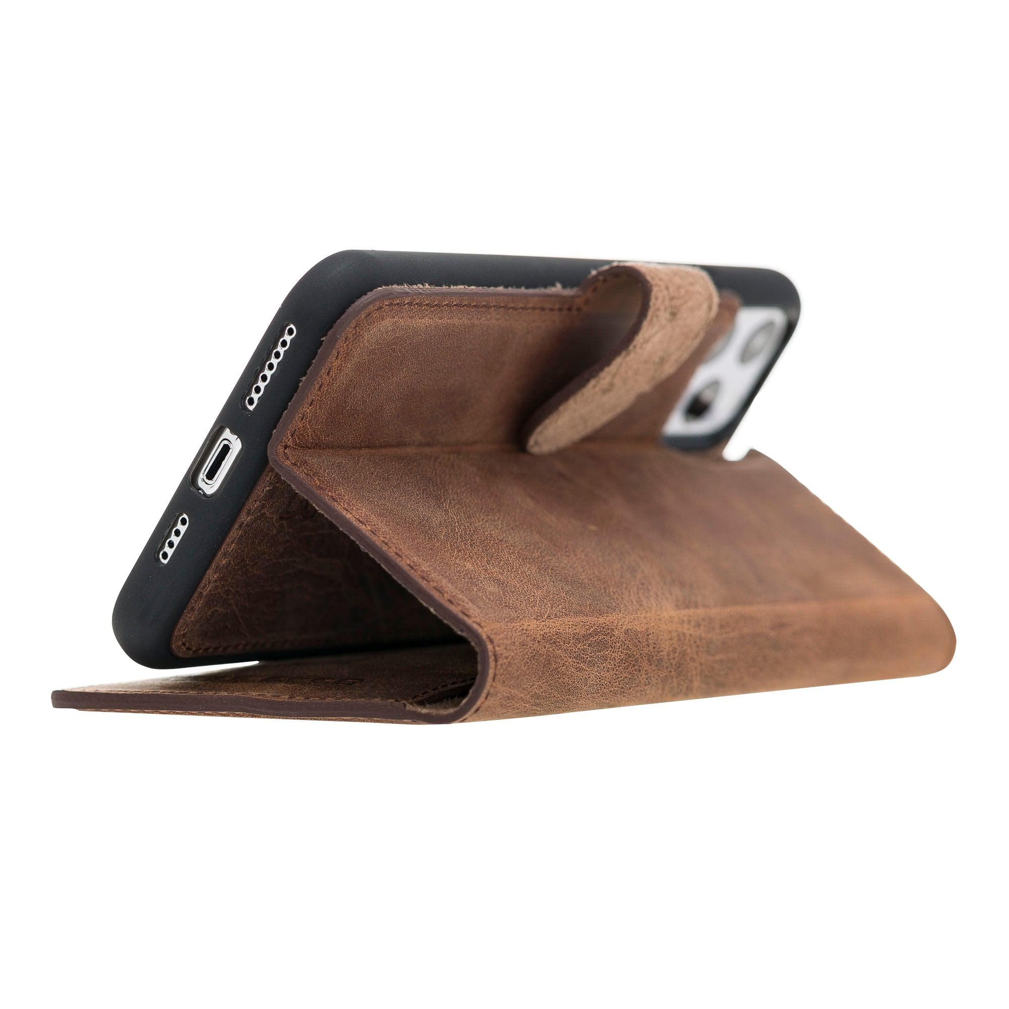 Apple iPhone 11 Series Detachable Leather Wallet Case in black, showcasing its sleek design and card slots.