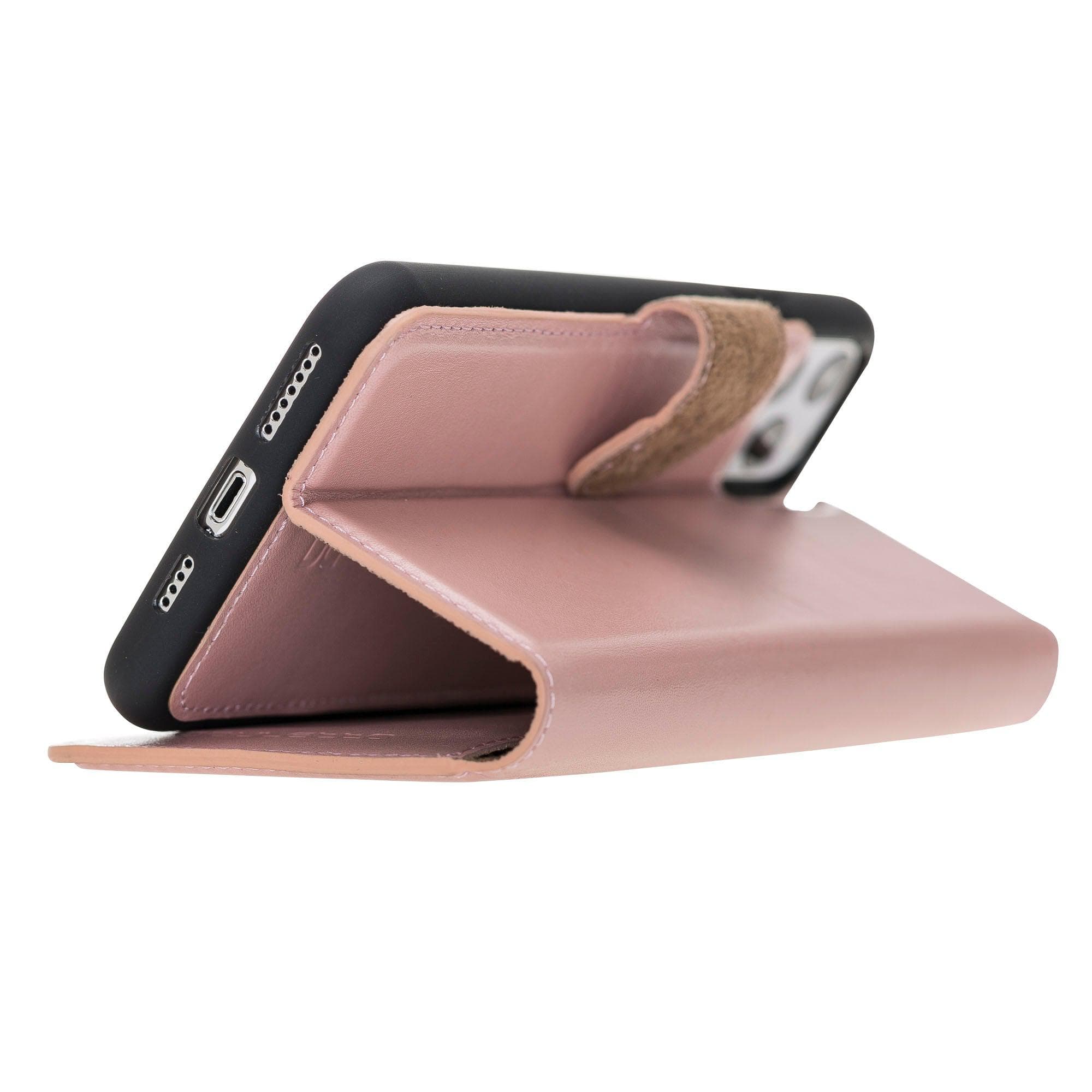 Apple iPhone 11 Series Detachable Leather Wallet Case in black, showcasing its sleek design and card slots.