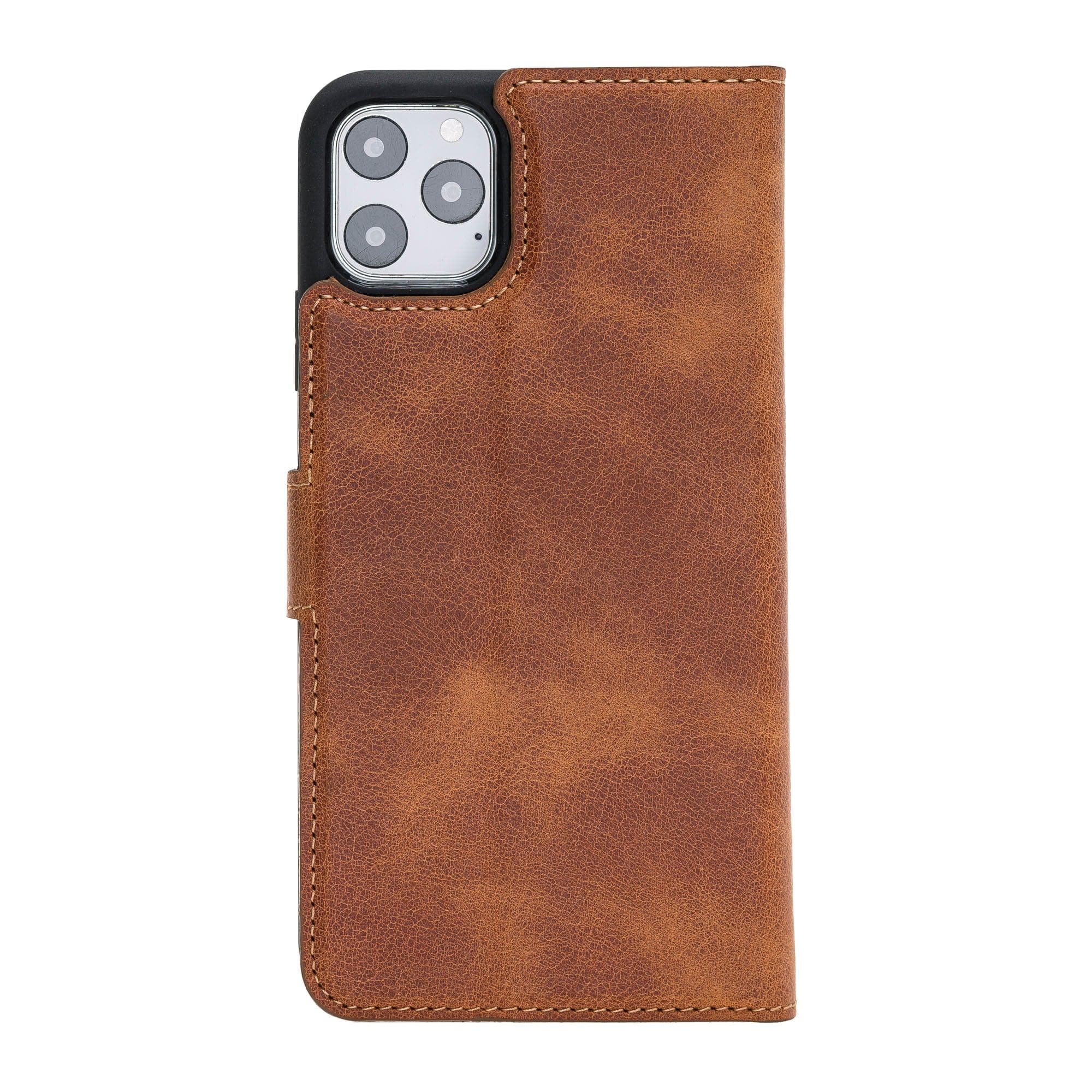 Apple iPhone 11 Series Detachable Leather Wallet Case in black, showcasing its sleek design and card slots.