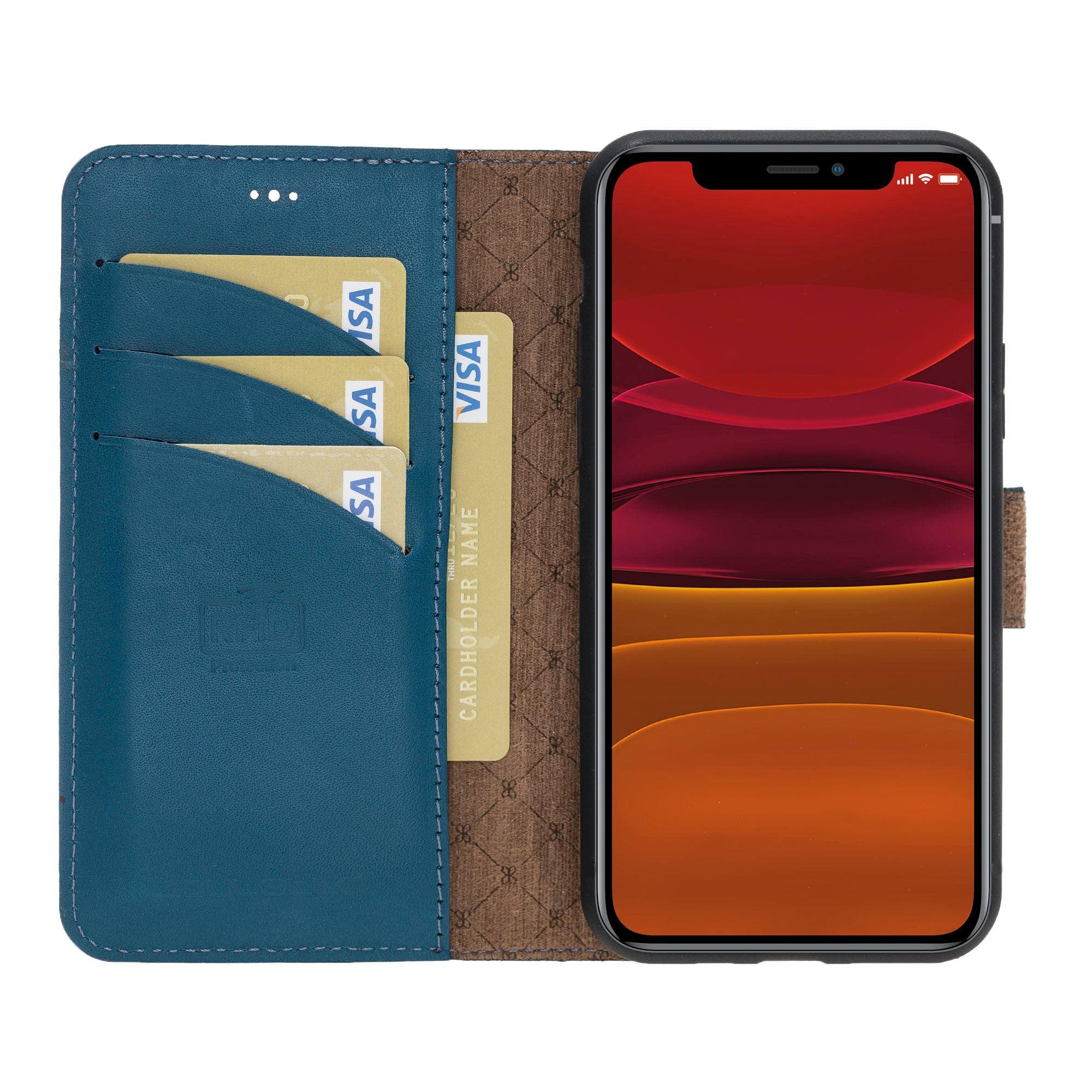 Apple iPhone 11 Series Detachable Leather Wallet Case in black, showcasing its sleek design and card slots.