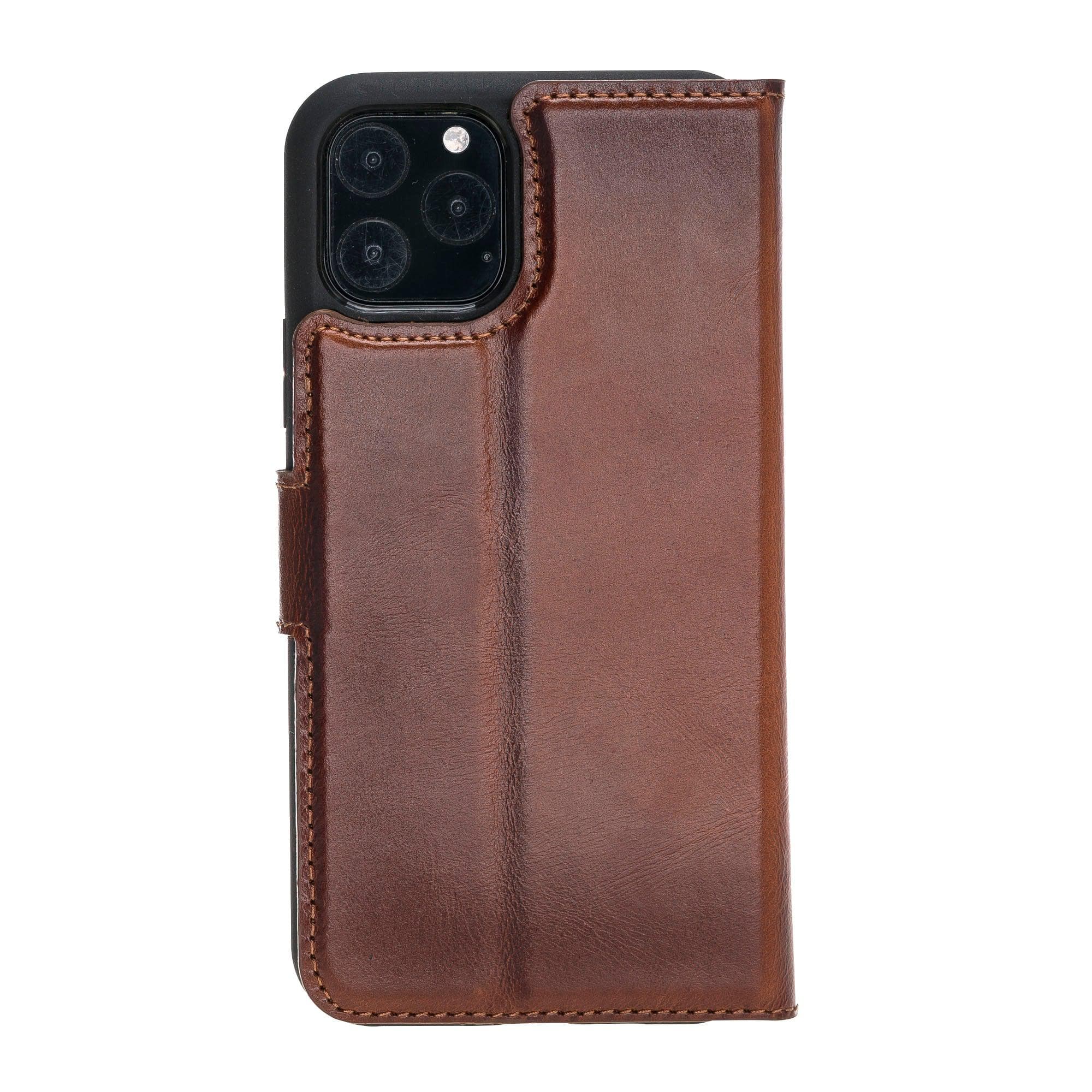 Apple iPhone 11 Series Detachable Leather Wallet Case in black, showcasing its sleek design and card slots.