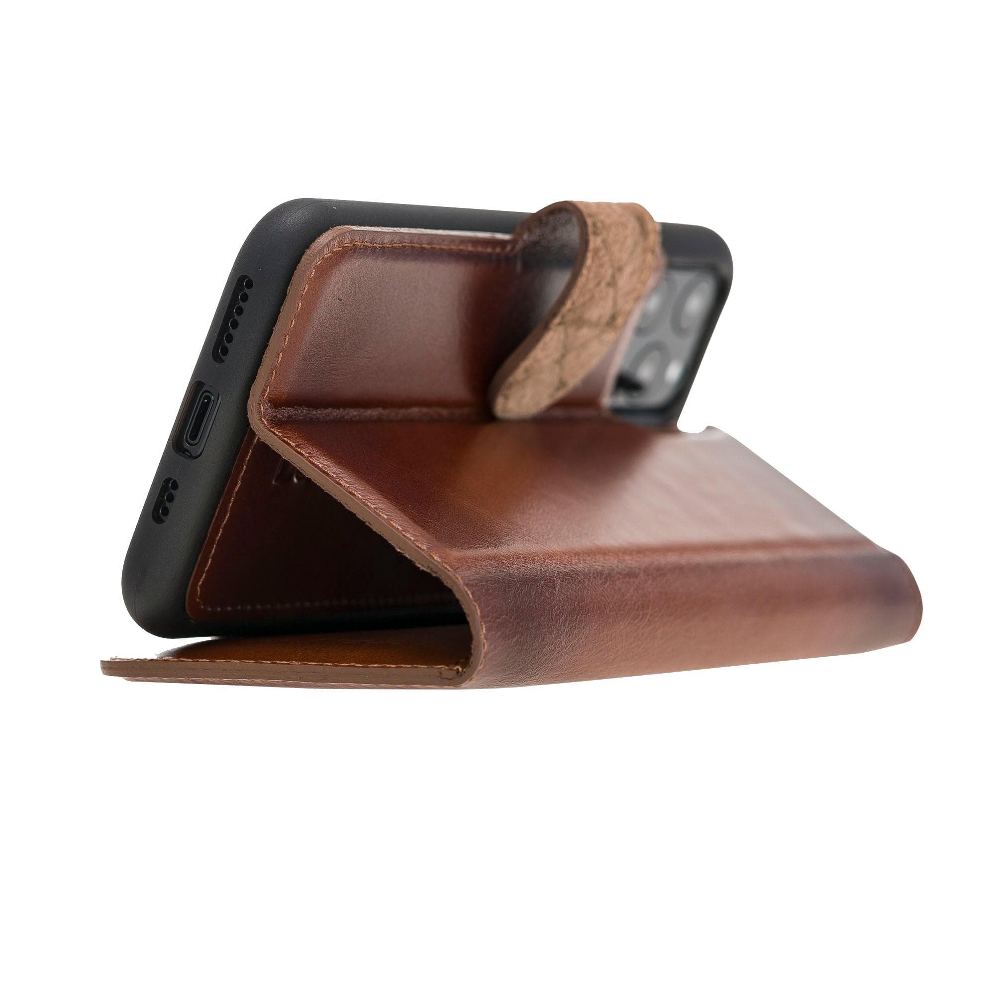 Apple iPhone 11 Series Detachable Leather Wallet Case in black, showcasing its sleek design and card slots.