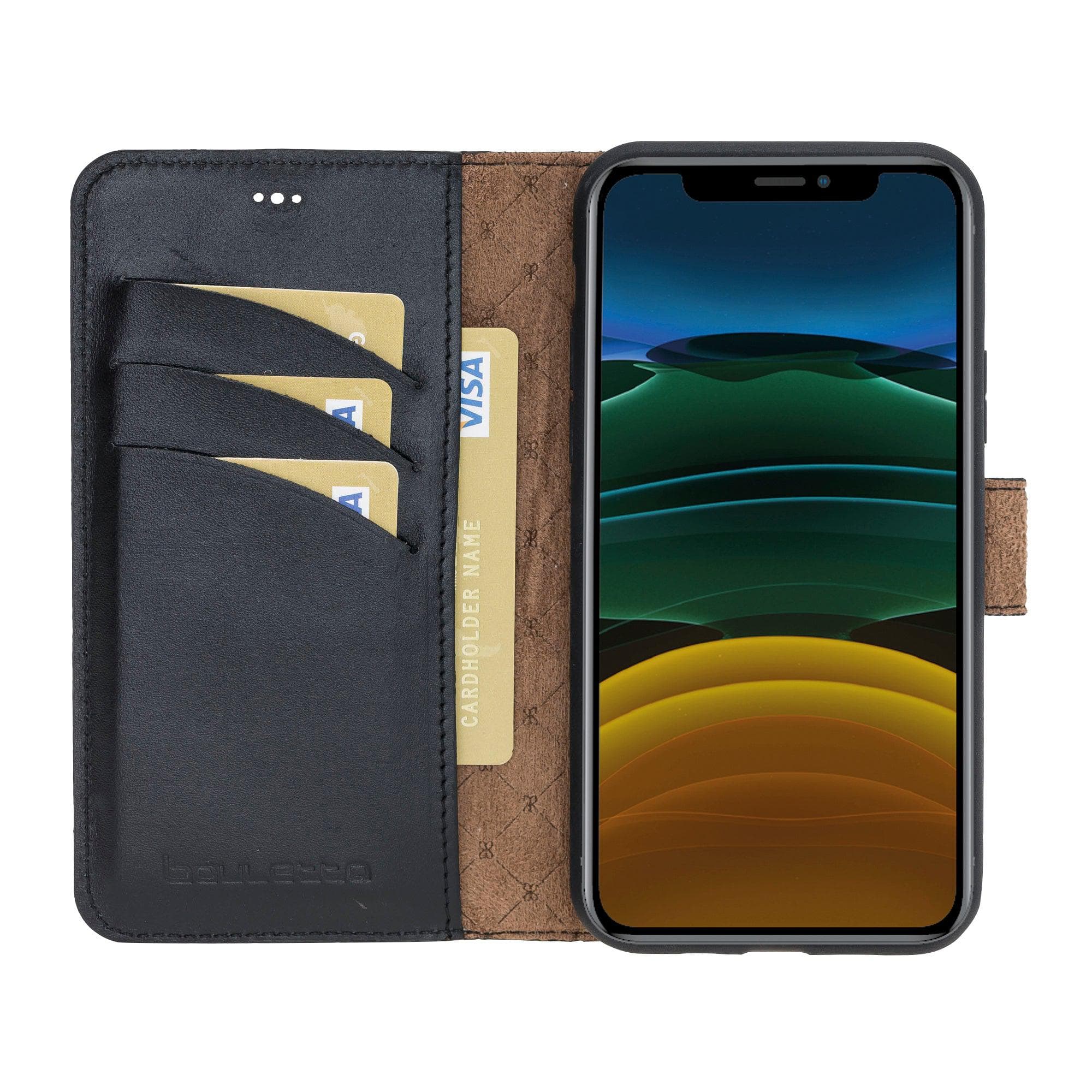 Apple iPhone 11 Series Detachable Leather Wallet Case in black, showcasing its sleek design and card slots.