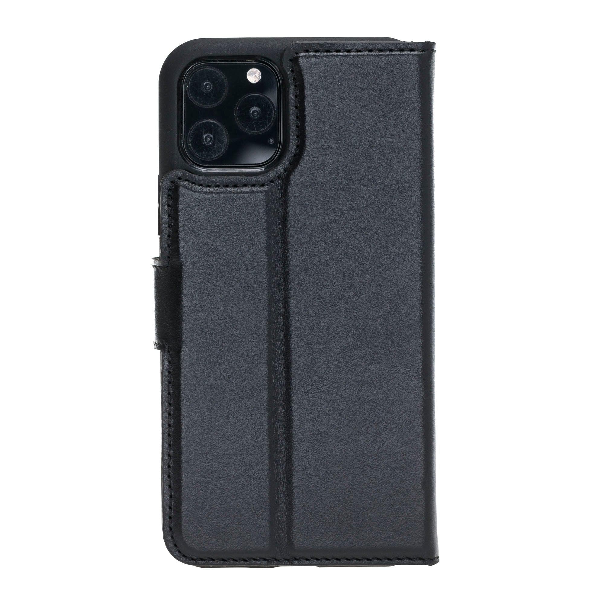 Apple iPhone 11 Series Detachable Leather Wallet Case in black, showcasing its sleek design and card slots.