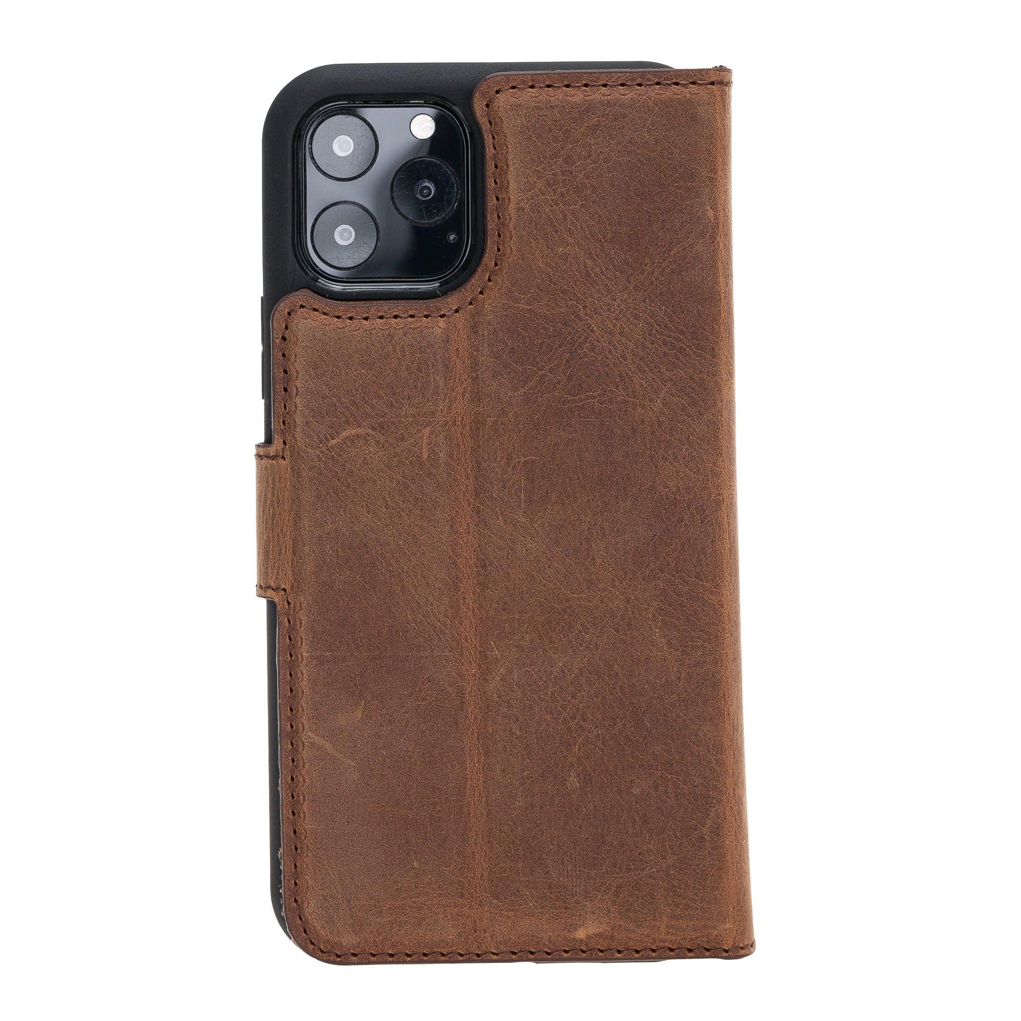 Apple iPhone 11 Series Detachable Leather Wallet Case in black, showcasing its sleek design and card slots.