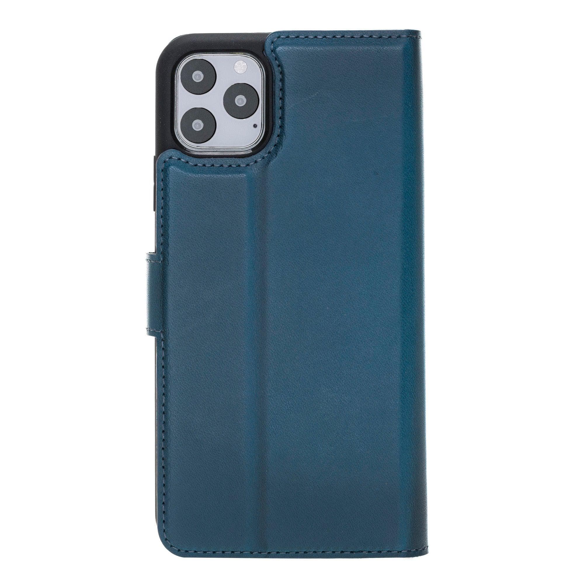 Apple iPhone 11 Series Detachable Leather Wallet Case in black, showcasing its sleek design and card slots.