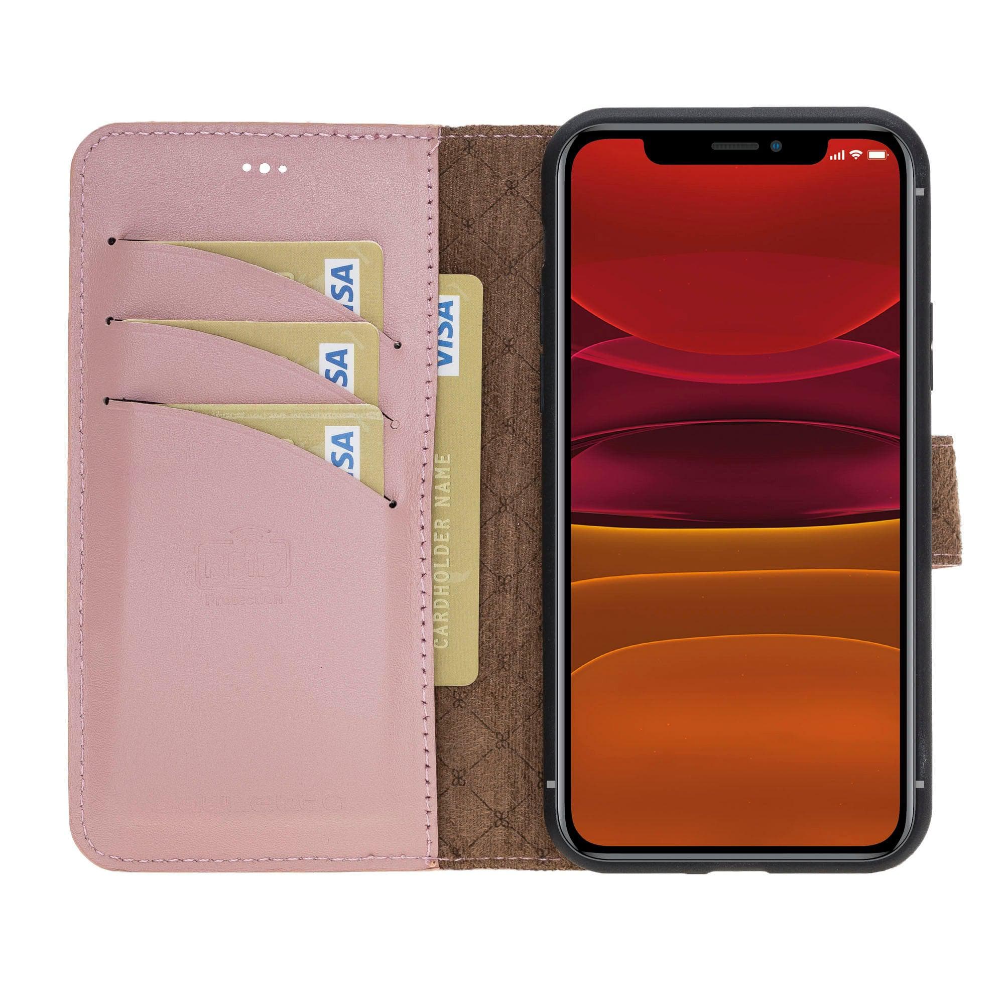 Apple iPhone 11 Series Detachable Leather Wallet Case in black, showcasing its sleek design and card slots.